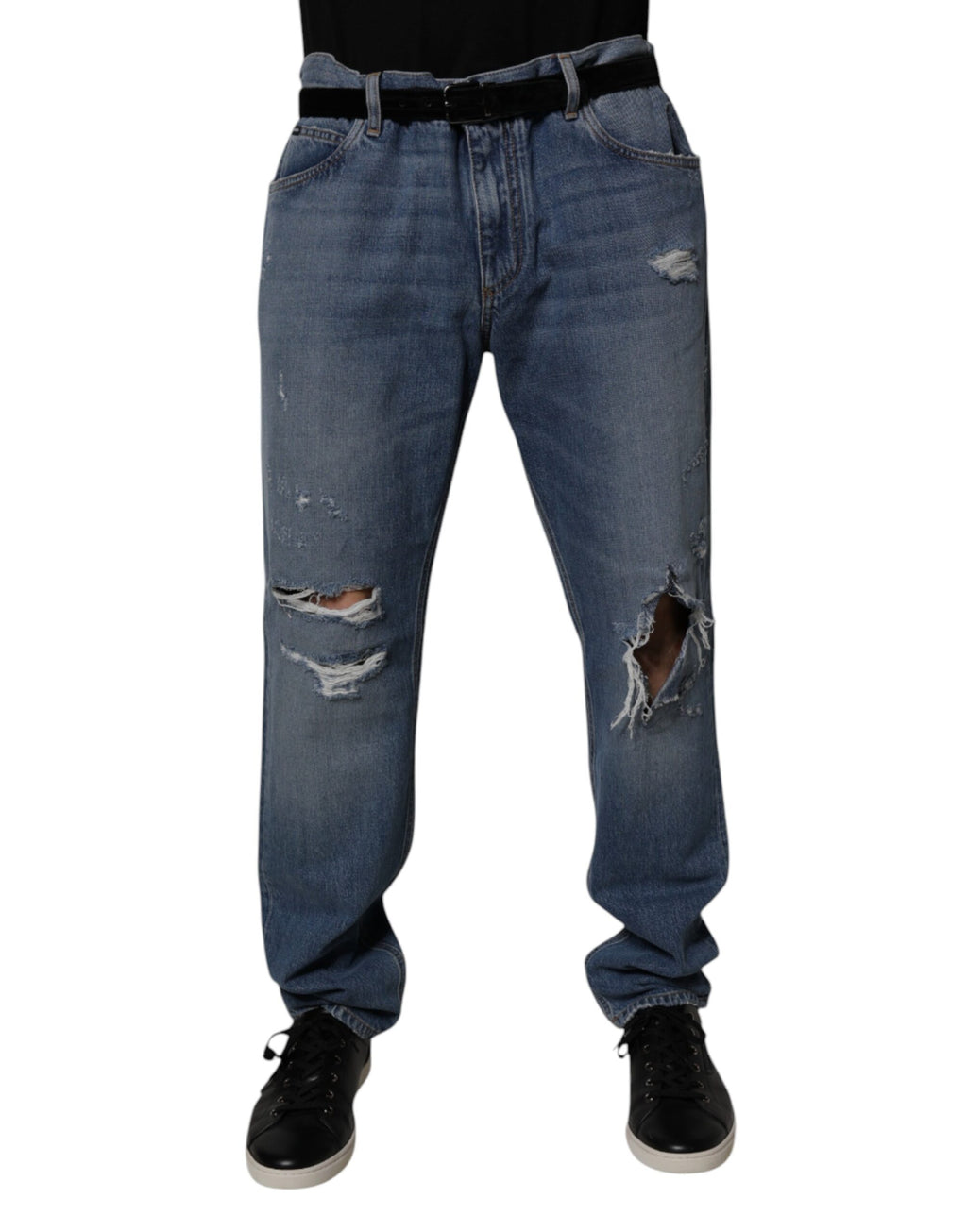 Jeans droits en denim blanc cassé Dolce & Gabbana avec déchirures, aspect usé, et coupe droite.