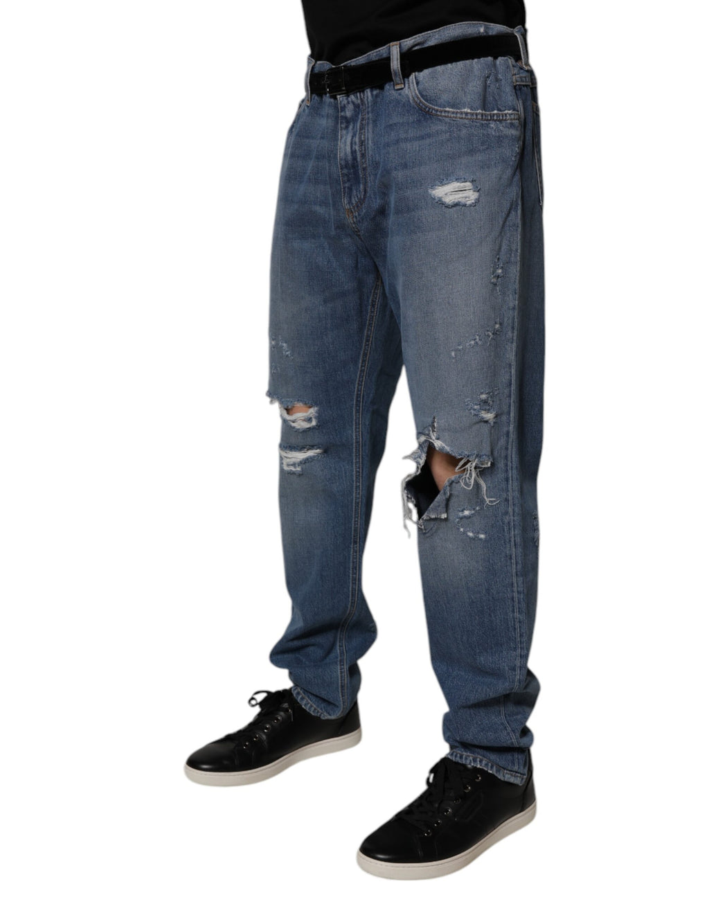 Jeans en denim droit en coton bleu déchiré de Dolce & Gabbana, style décontracté avec détails usés.