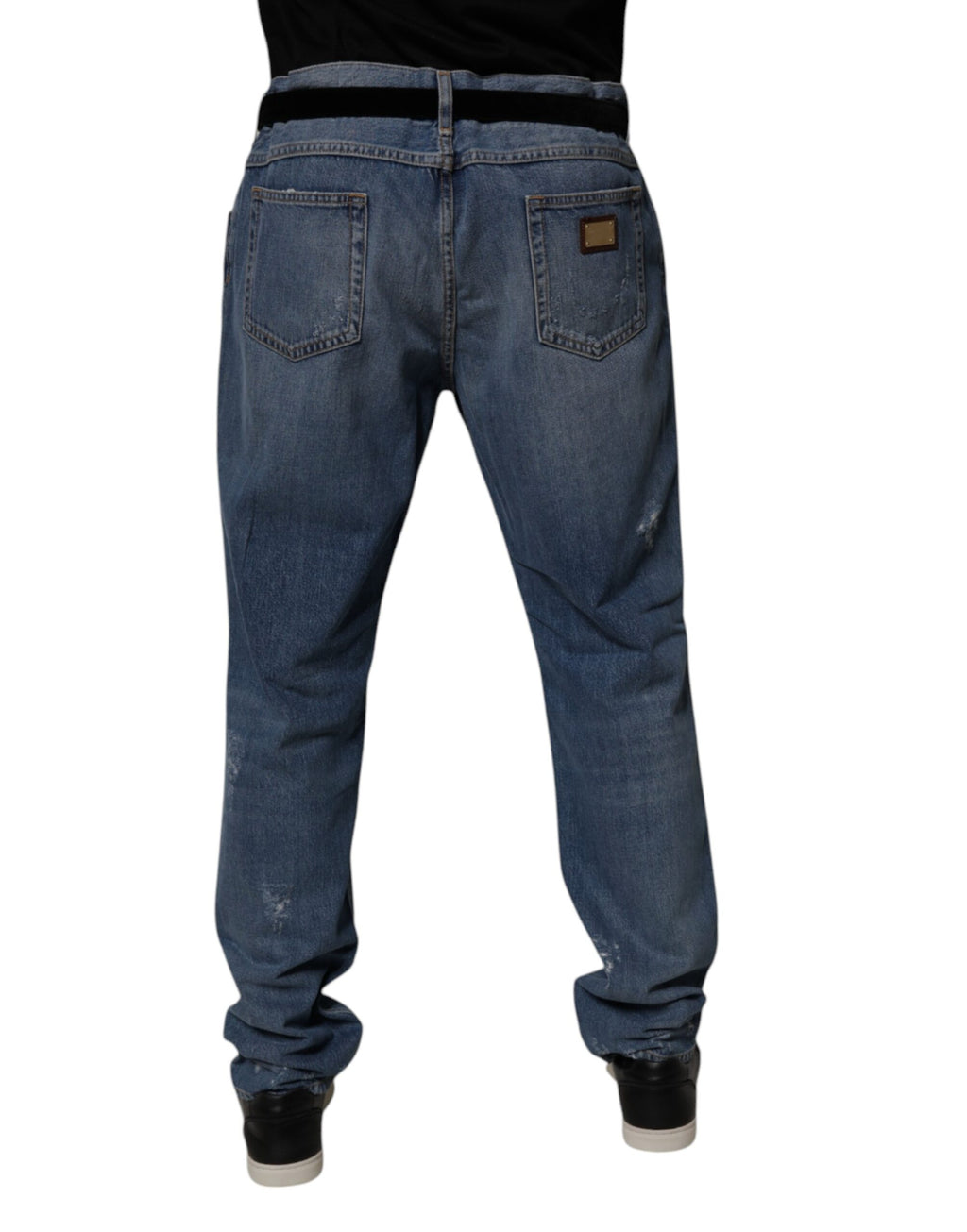 Jeans droits en denim coton déchiré bleu Dolce & Gabbana, style décontracté, visible détails usés et coupe droite.