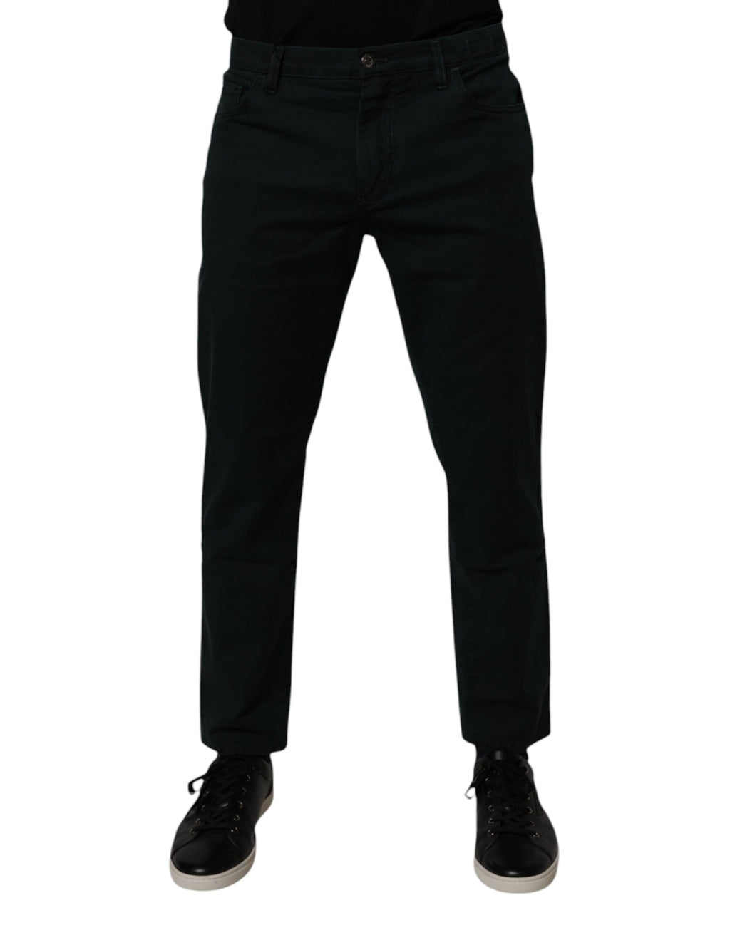 Jeans homme en coton vert foncé de Dolce & Gabbana, coupe ample en denim, visible devant avec poches et coutures.