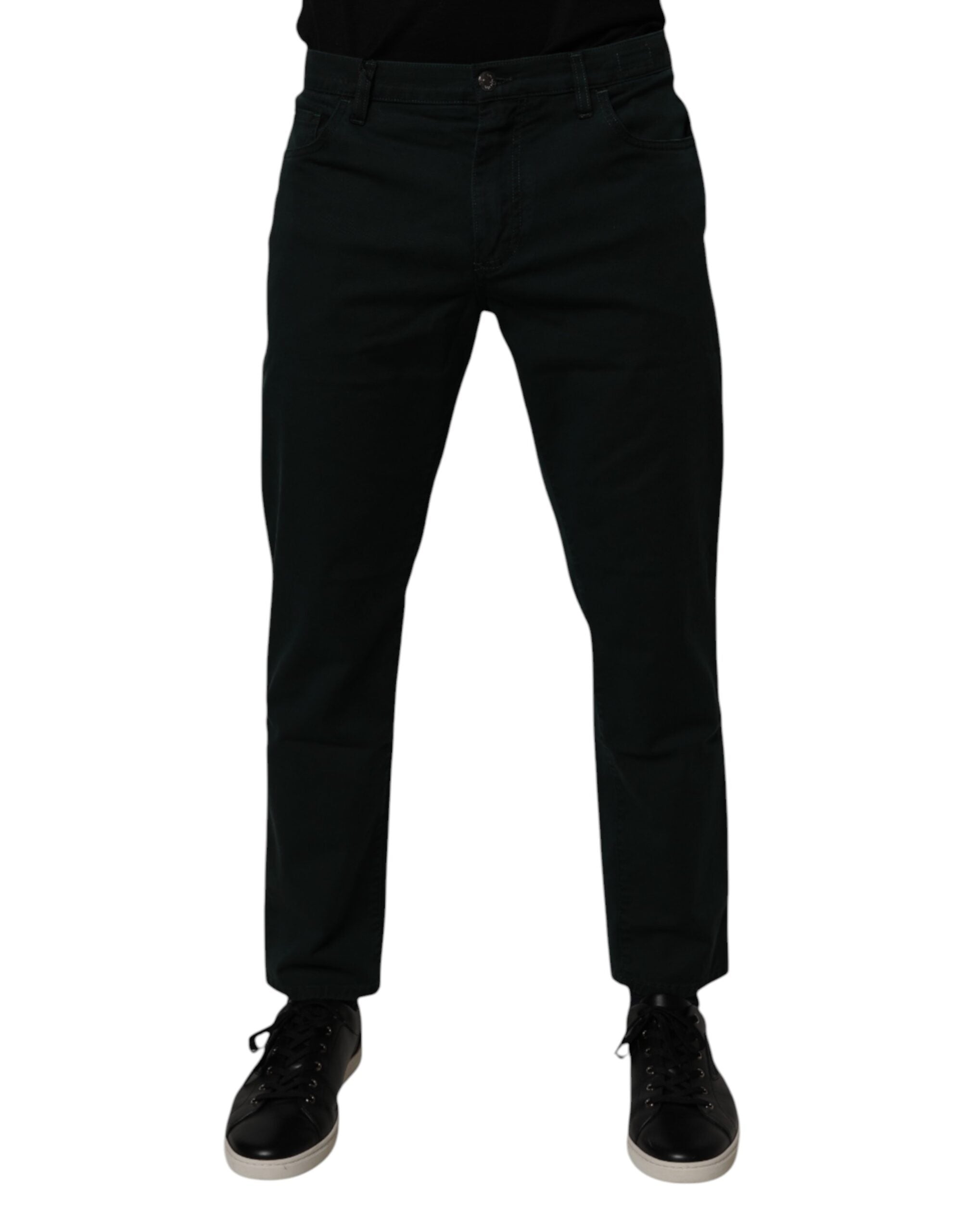 Jeans homme en coton vert foncé de Dolce & Gabbana, coupe ample en denim, visible devant avec poches et coutures.