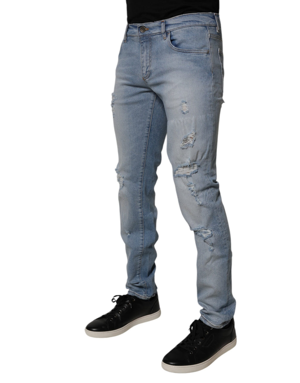 Jeans homme skinny en denim coton bleu déchiré de Dolce & Gabbana, style tendance et coupe ajustée.