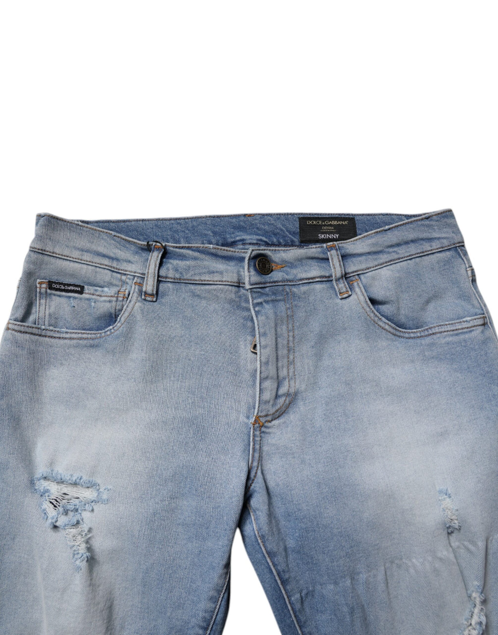 Jeans homme en denim bleu déchiré de Dolce & Gabbana, coupe skinny en coton, style décontracté et tendance.