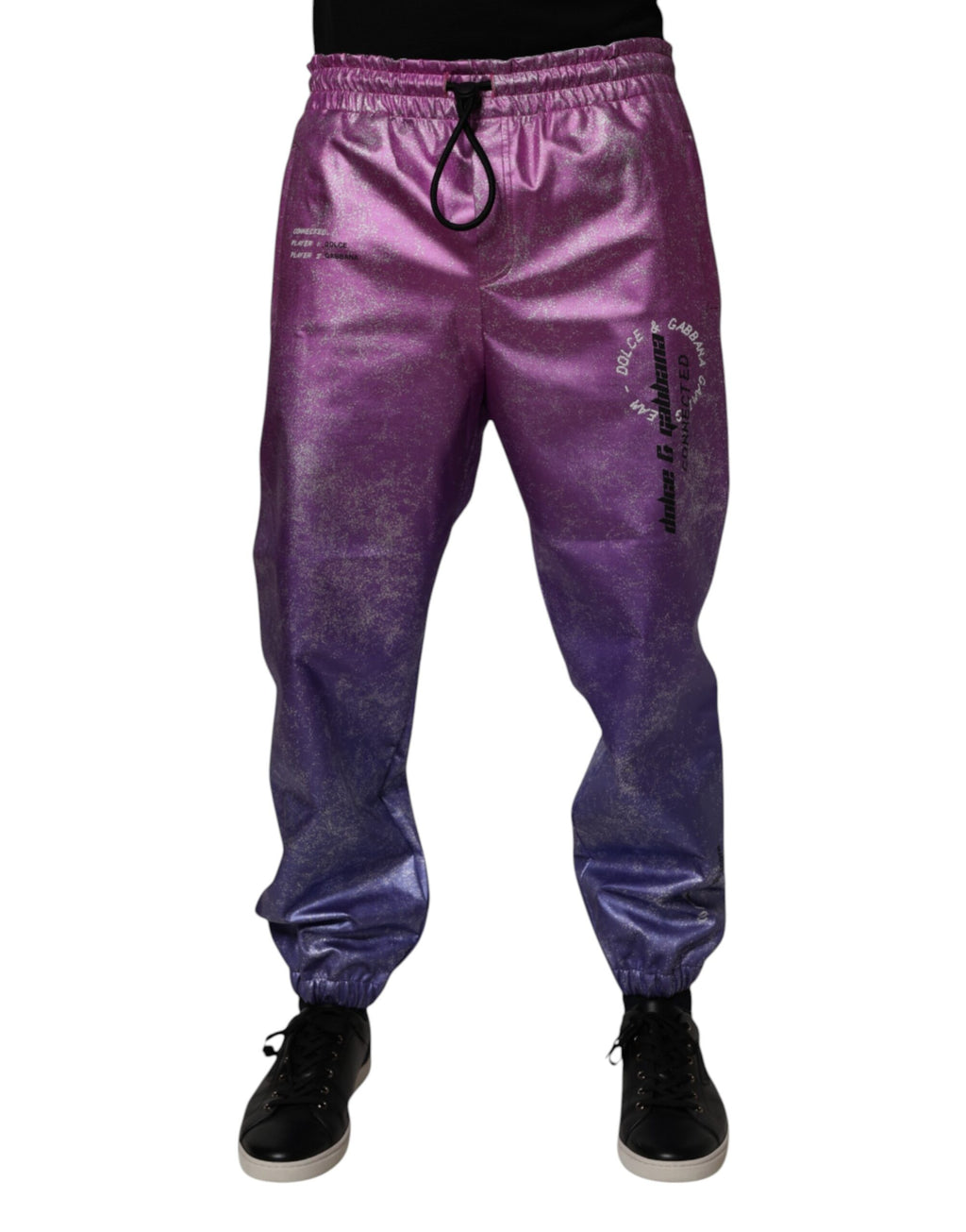 Pantalon de jogging Dolce & Gabbana rose et violet deux tons, style décontracté avec ceinture élastique et poches latérales.