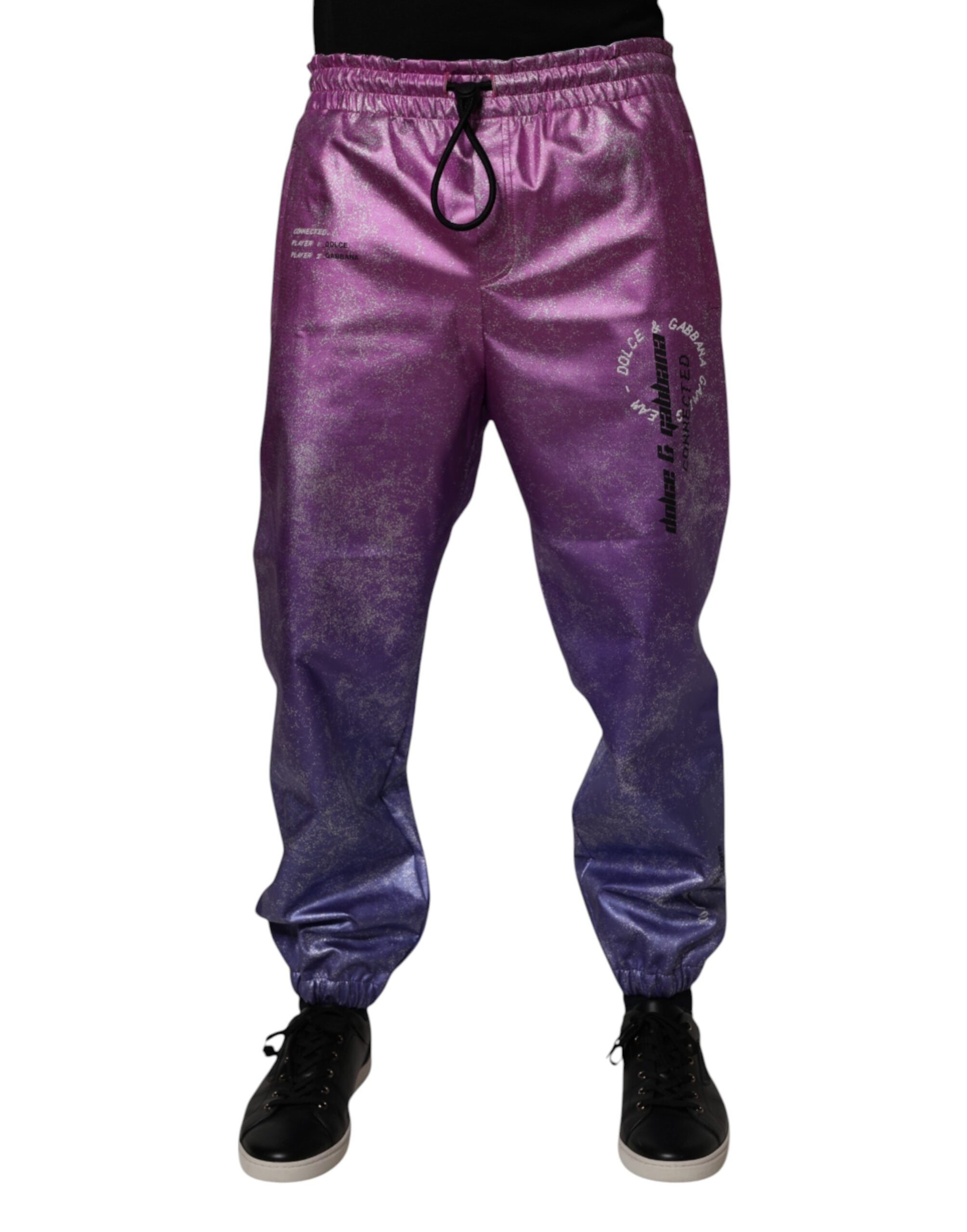 Pantalon de jogging Dolce & Gabbana rose et violet deux tons, style décontracté avec ceinture élastique et poches latérales.