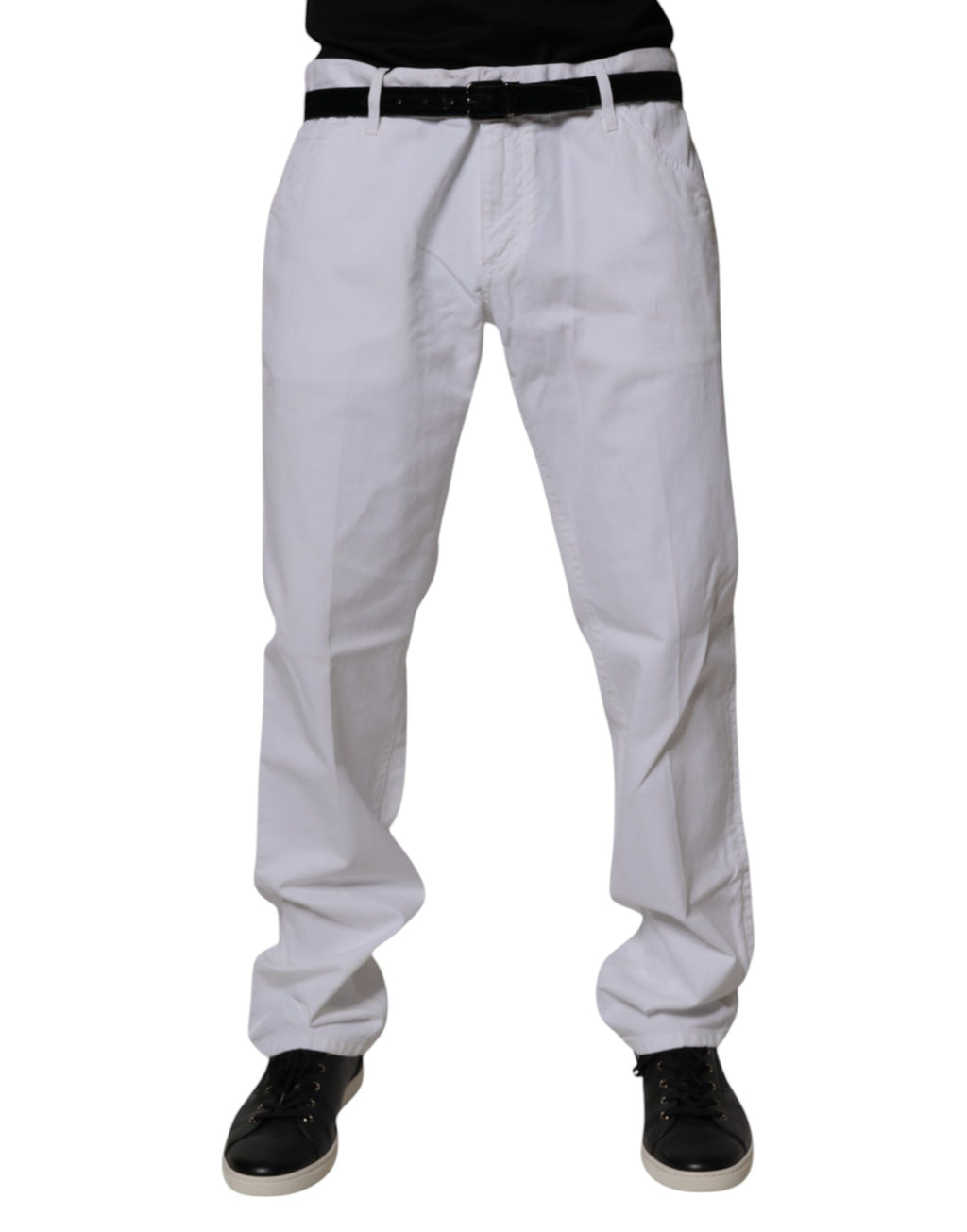 Jean homme Dolce & Gabbana en coton blanc, coupe droite, denim, visible avec poches avant et détails classiques.