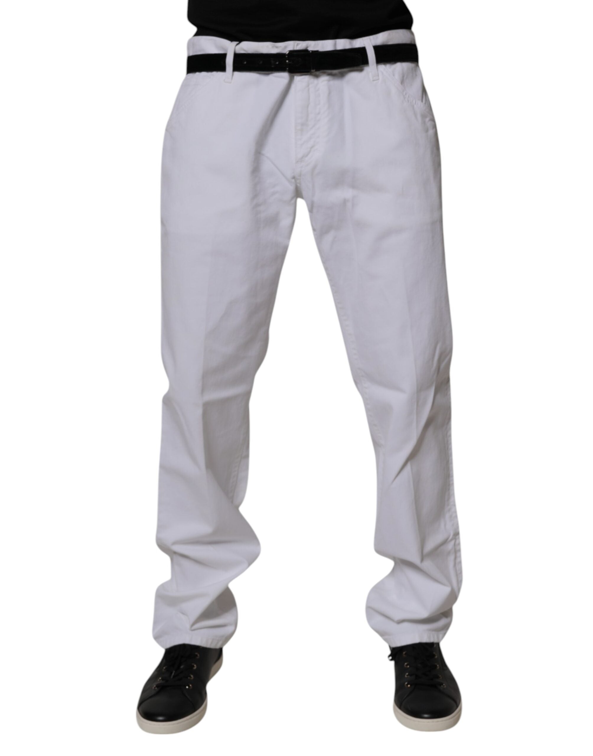 Jeans hommes Dolce & Gabbana en coton blanc, coupe droite, denim, visible détails et couture sur le devant.