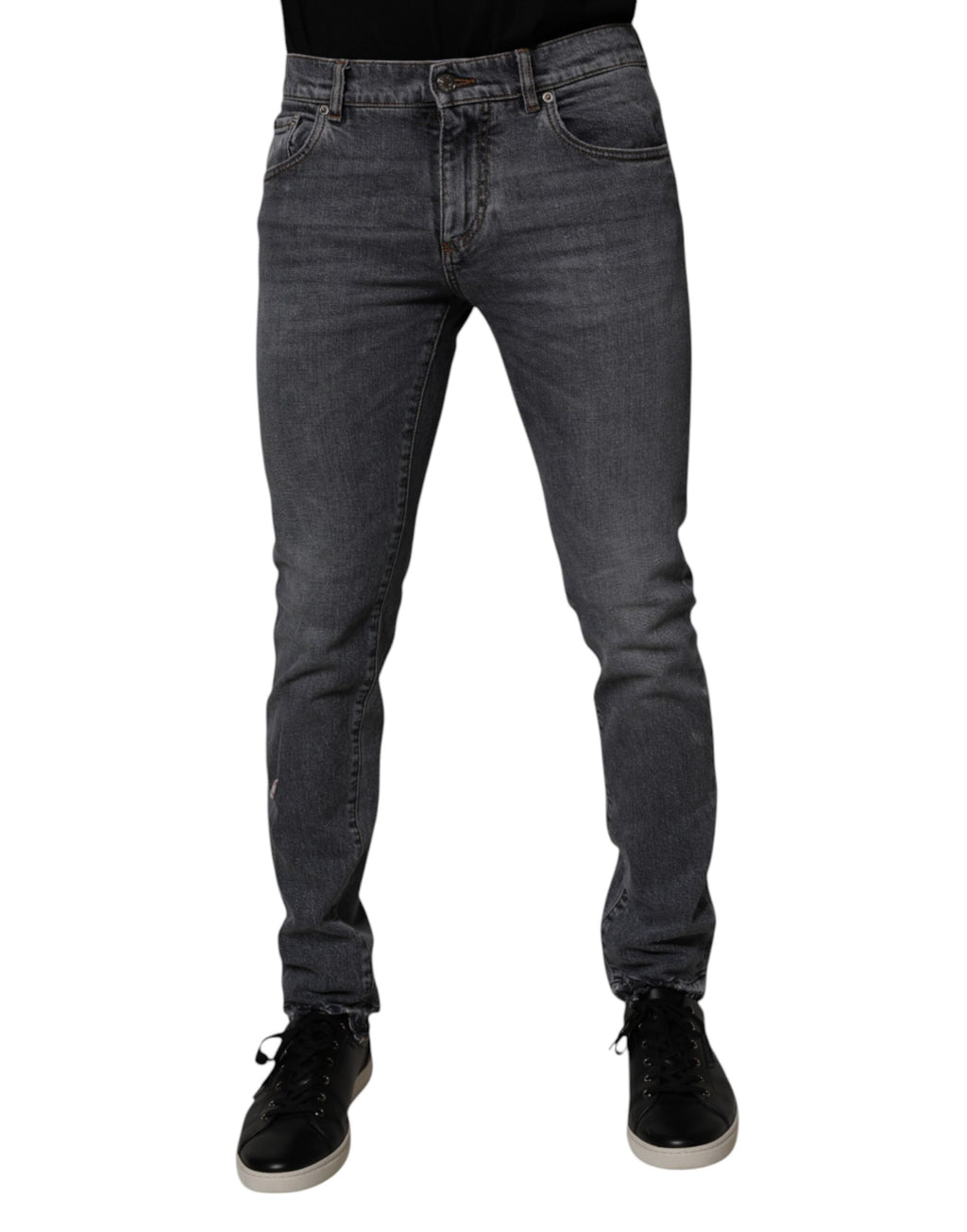 Jeans skinny en denim gris foncé en coton stretch de Dolce & Gabbana, vue de face avec détails de couture.