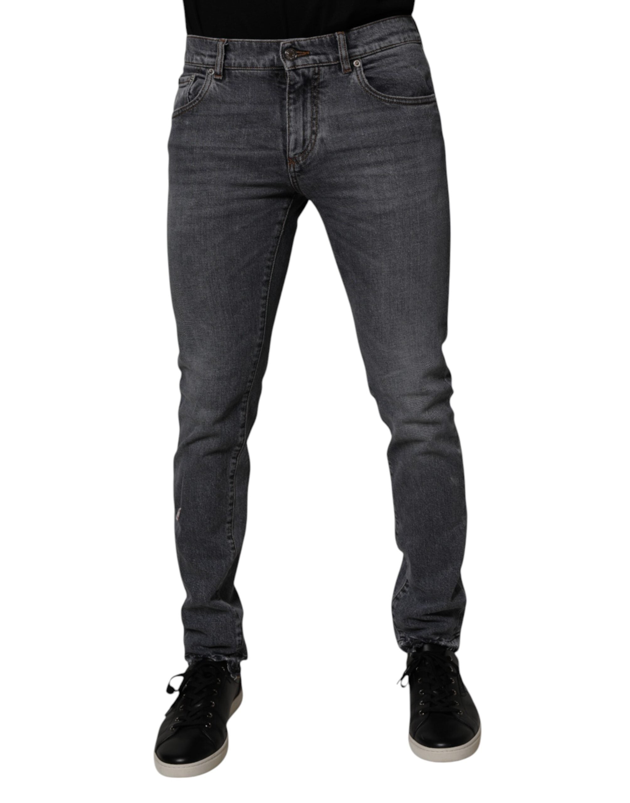 Jeans skinny en denim gris foncé en coton stretch de Dolce & Gabbana, vue de face avec détails de couture.