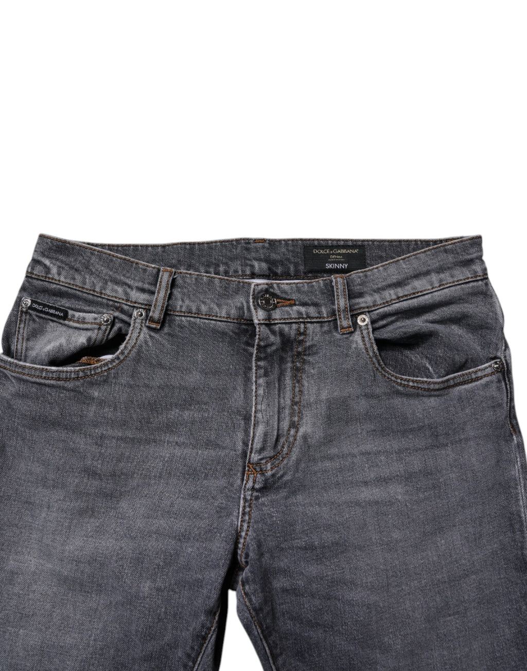Jeans skinny en denim stretch gris foncé de Dolce & Gabbana, coton, ajustés et modernes, visibles en détail sur l'image.