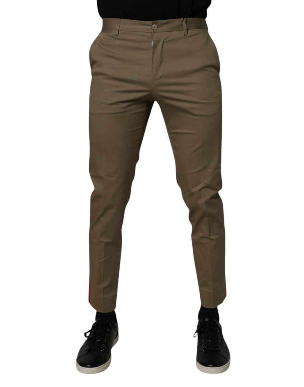Pantalons homme Dolce & Gabbana en coton kaki foncé, coupe tapered, style élégant et moderne.