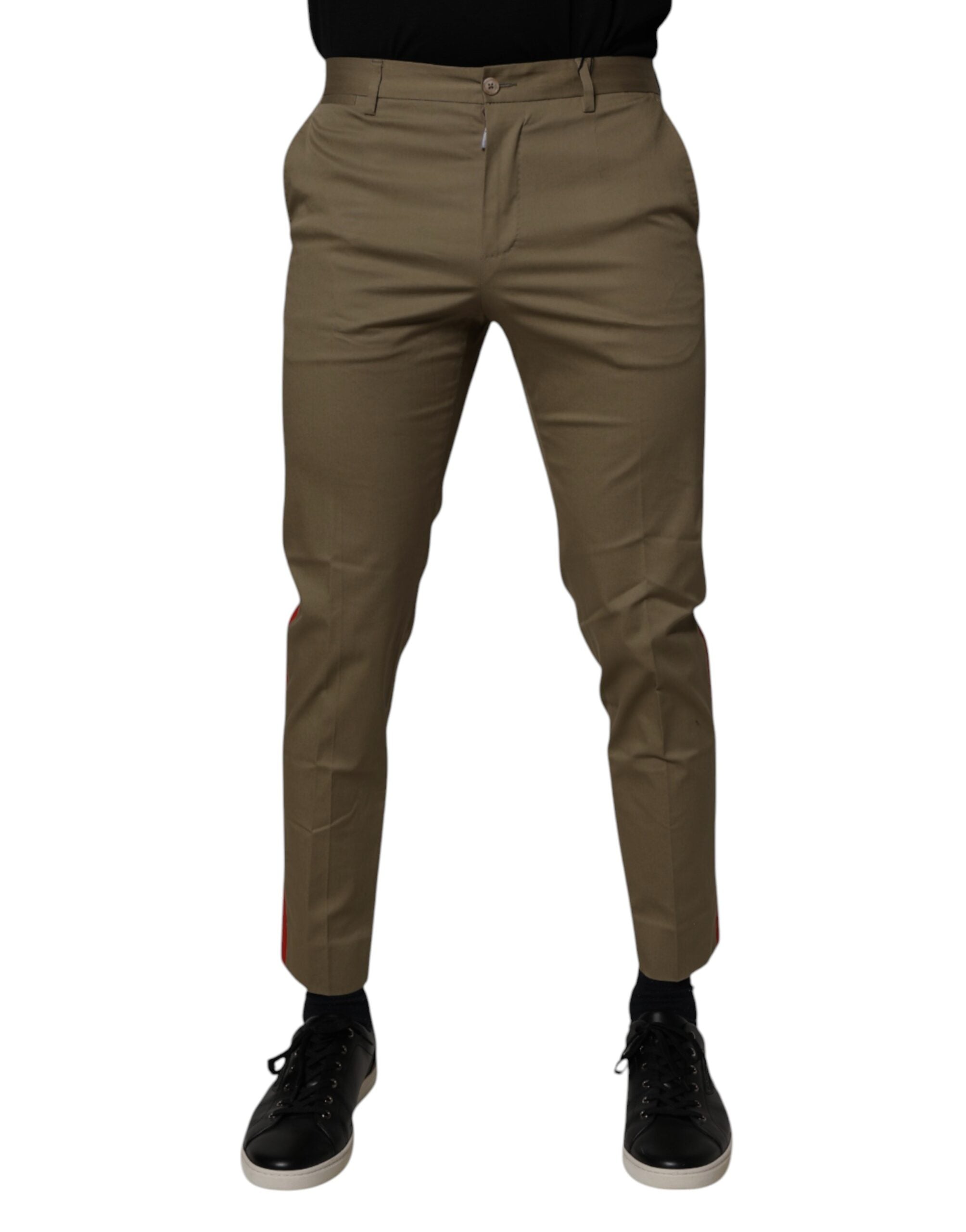 Pantalons homme Dolce & Gabbana en coton kaki foncé, coupe tapered, style élégant et moderne.