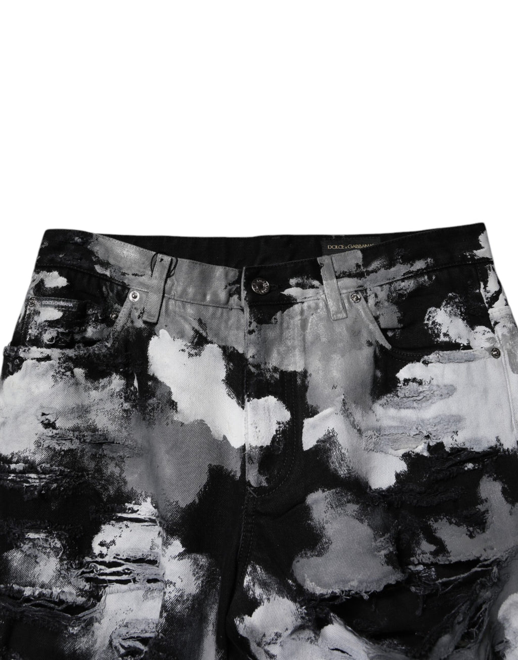 Jean skinny déchiré Dolce & Gabbana camouflage multicolore avec déchirures, denim tendance et style audacieux.