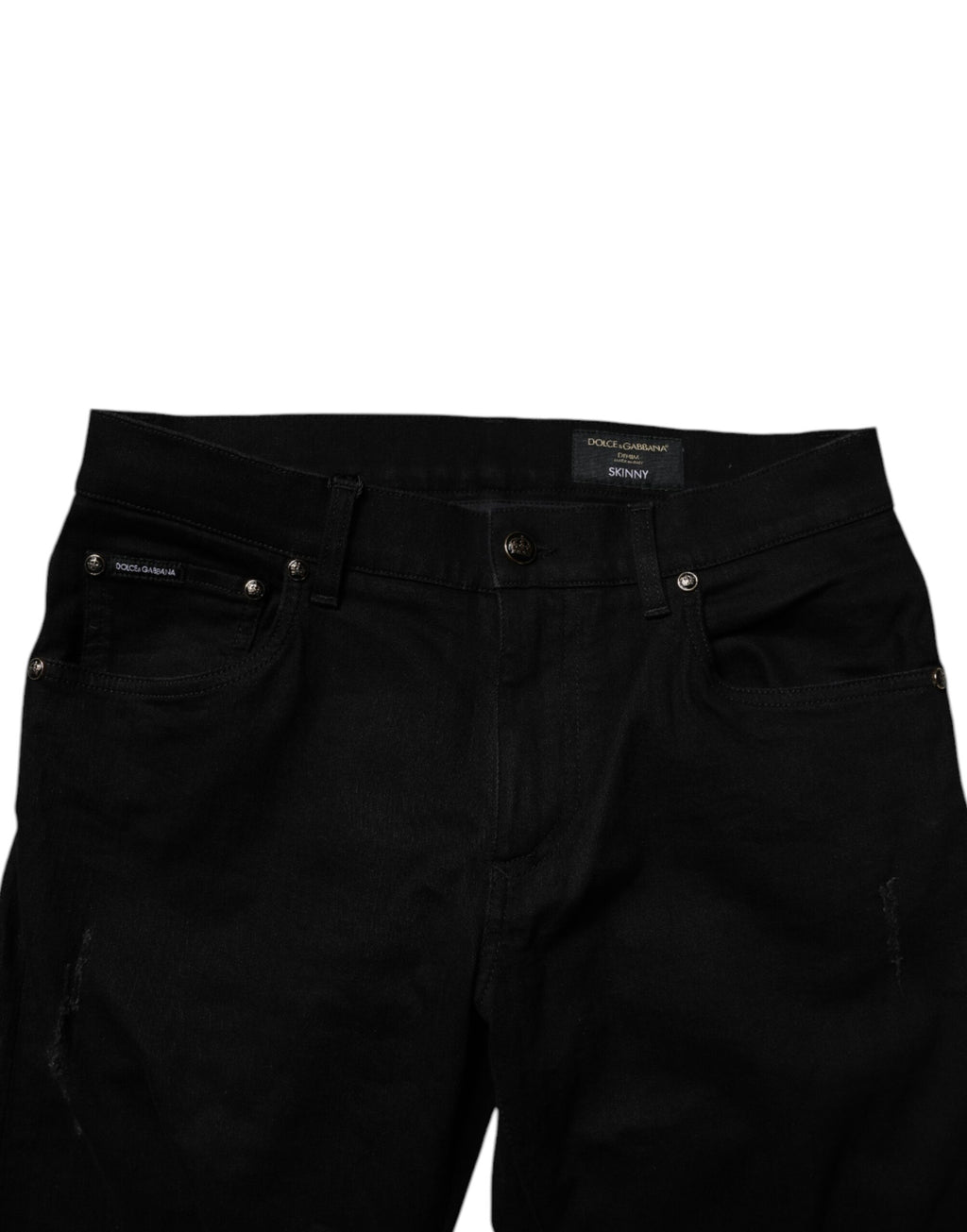 Jean homme Dolce & Gabbana en coton stretch noir, coupe skinny, denim élégante et ajustée, visible avec poches et détails de style.