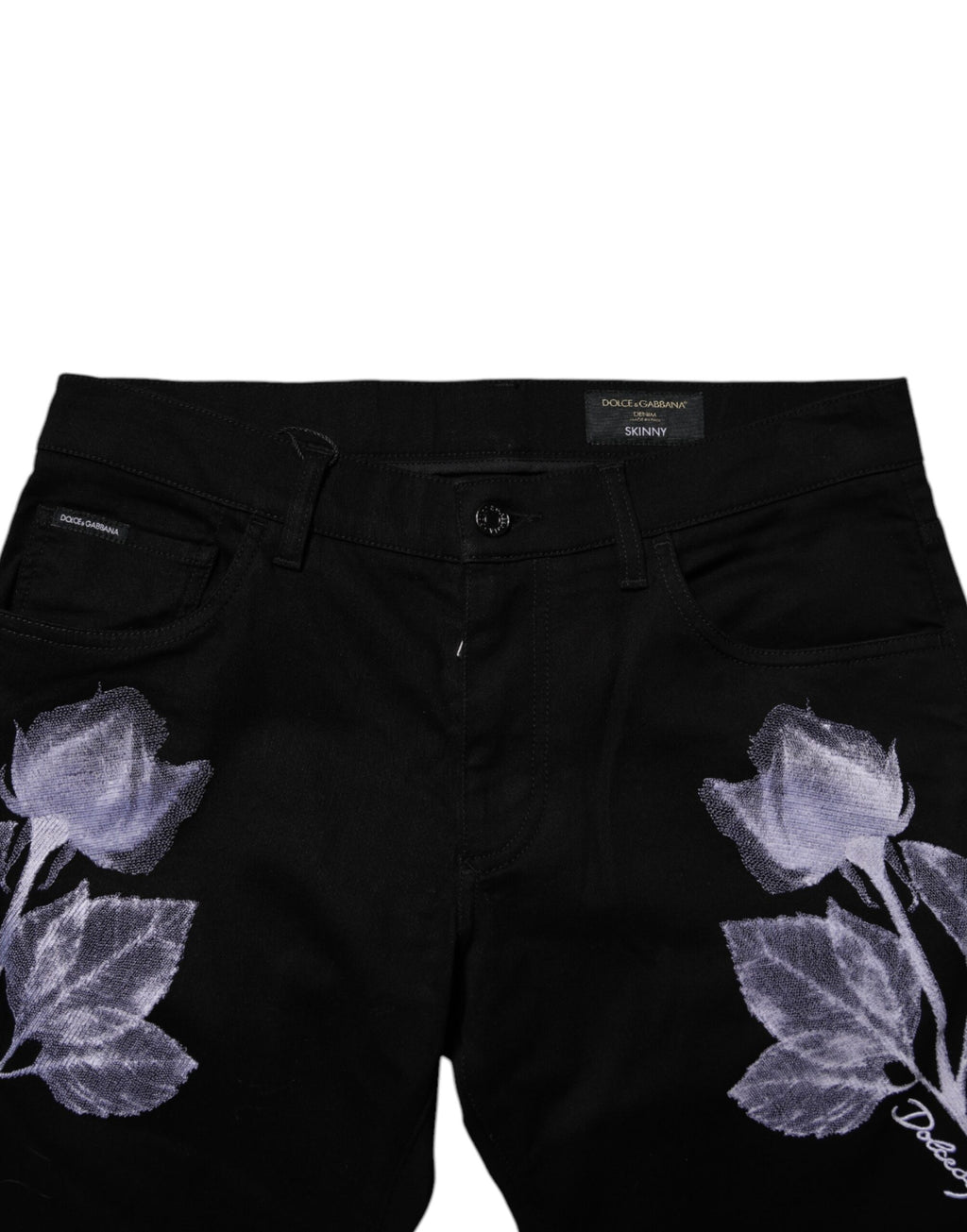 Jeans homme skinny en coton noir à motifs floraux de Dolce & Gabbana, denim ajusté et élégant.