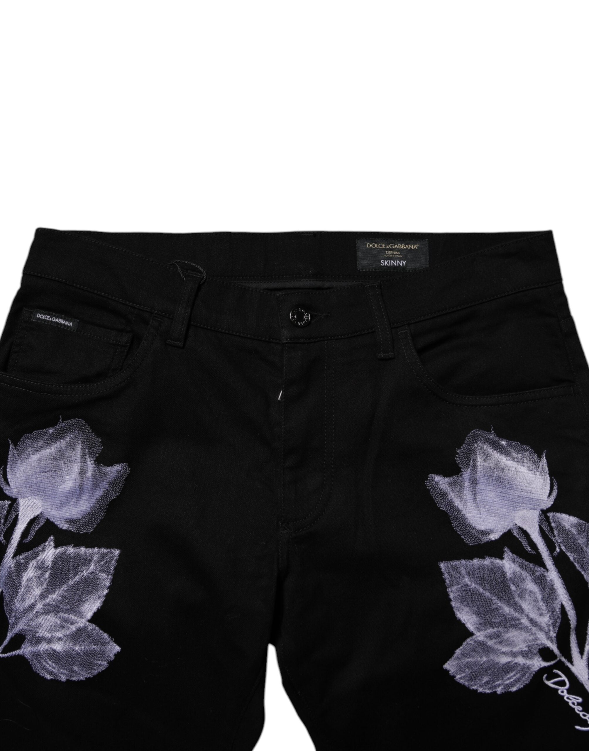 Jeans homme skinny en coton noir à motifs floraux de Dolce & Gabbana, denim ajusté et élégant.