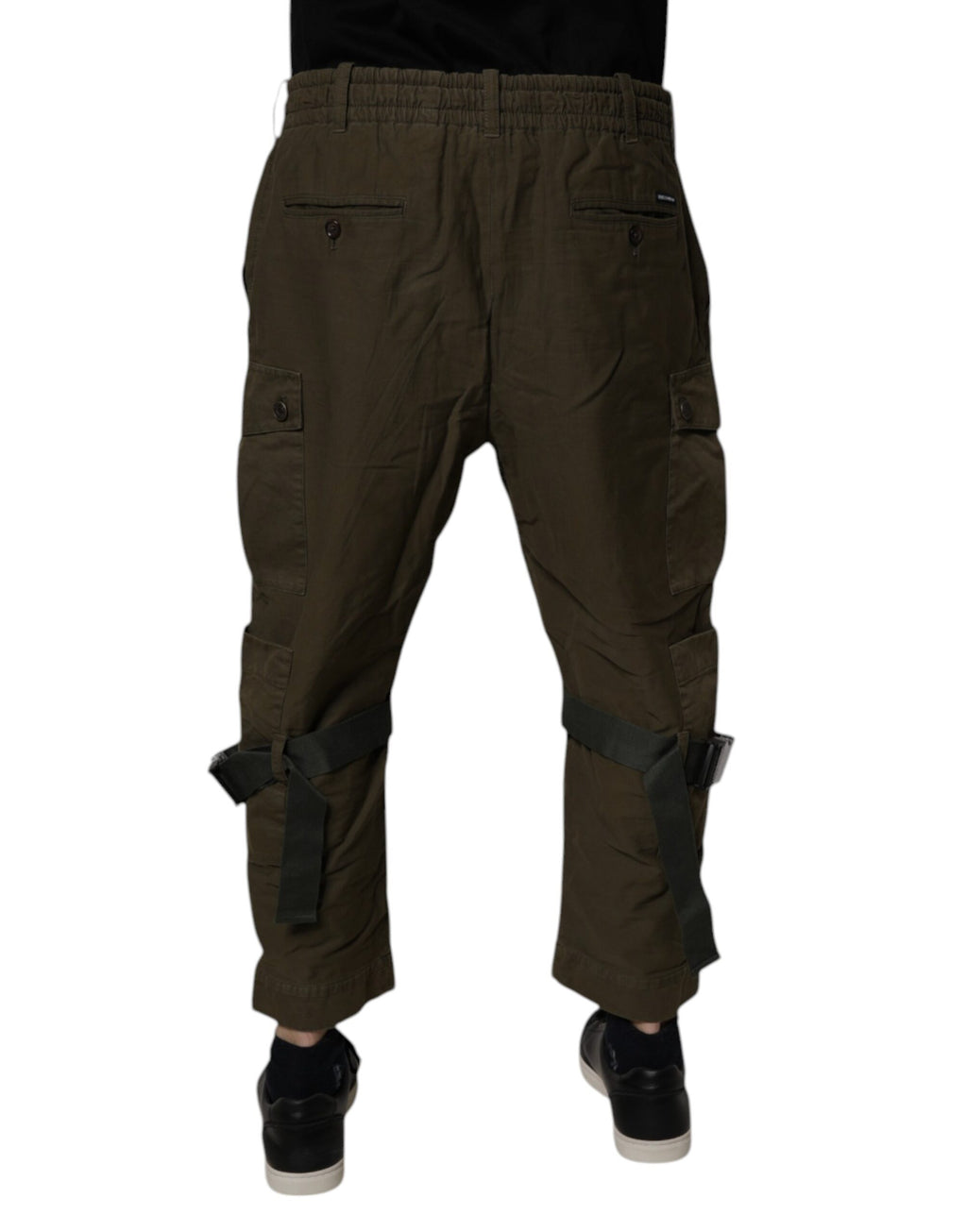 Pantalon cargo stretch en coton marron de Dolce & Gabbana, style décontracté avec poches latérales, vue en gros plan.