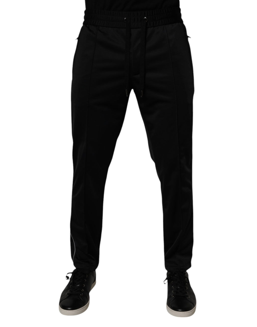 Pantalons jogger pour hommes Dolce & Gabbana en polyester noir, style décontracté avec ceinture élastique et poches.