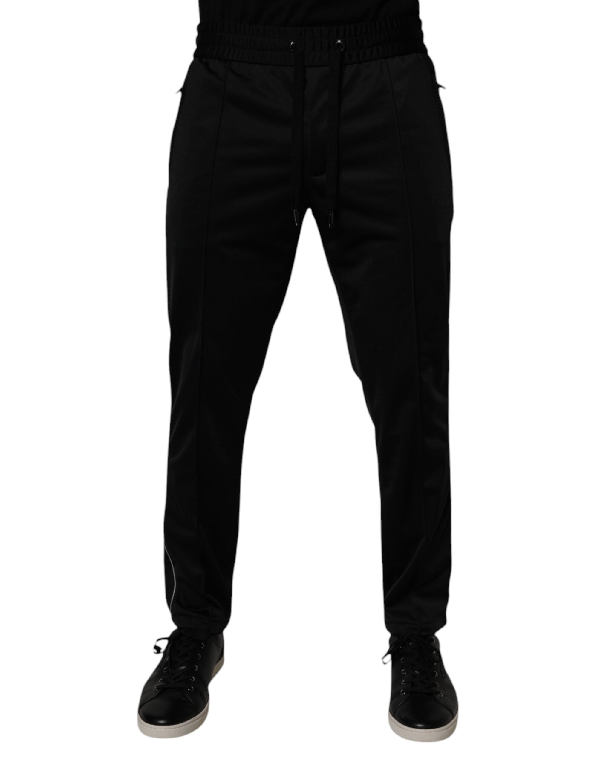 Pantalon jogger homme noir en polyester Dolce & Gabbana, pantalon décontracté avec cordon de serrage et poches latérales.