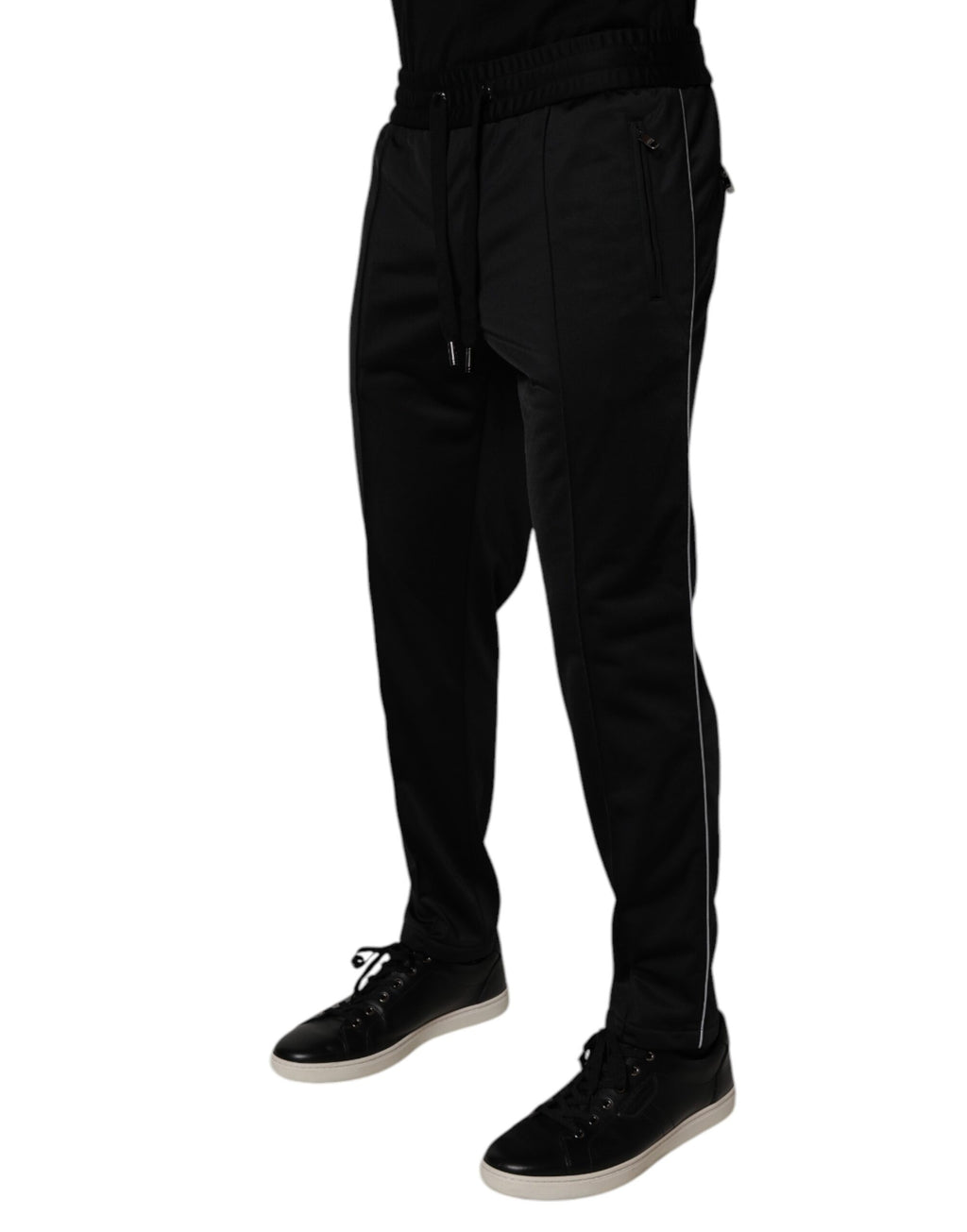 Pantalon de jogging homme Dolce & Gabbana en polyester noir, style décontracté avec poches et logo discret.