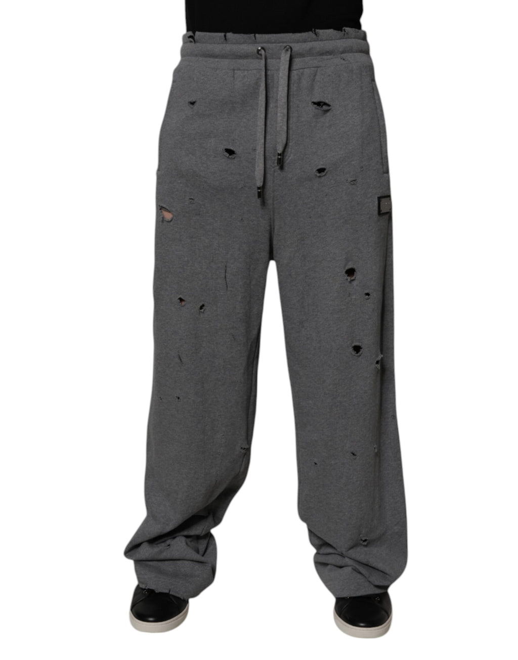 Pantalons de jogging gris en coton Dolce & Gabbana RipStyle, coupe droite, vêtement décontracté pour hommes.