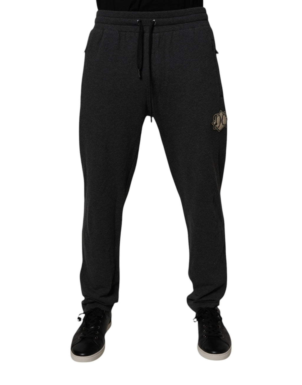 Pantalon jogger en coton gris foncé avec logo Dolce & Gabbana, pantalon de sport décontracté pour hommes.