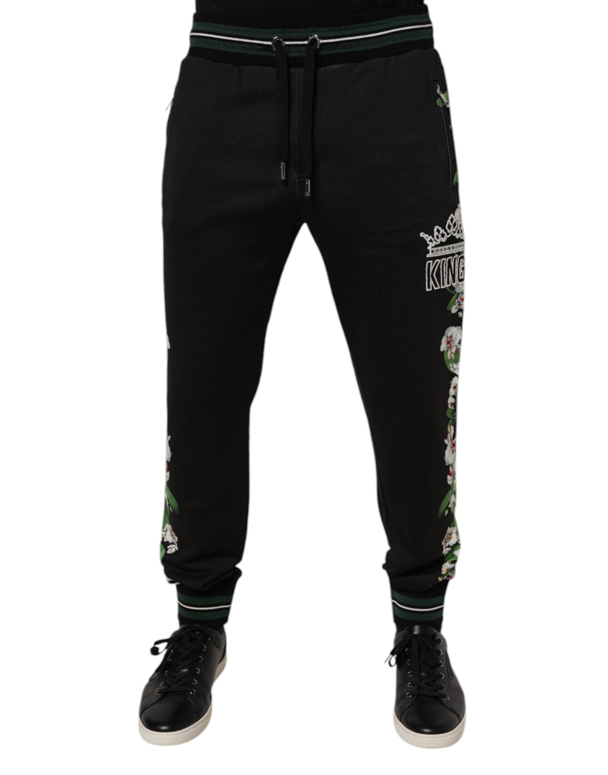 Pantalon jogger Dolce & Gabbana pour homme, sweatpants noirs à motifs floraux, style décontracté et élégant.