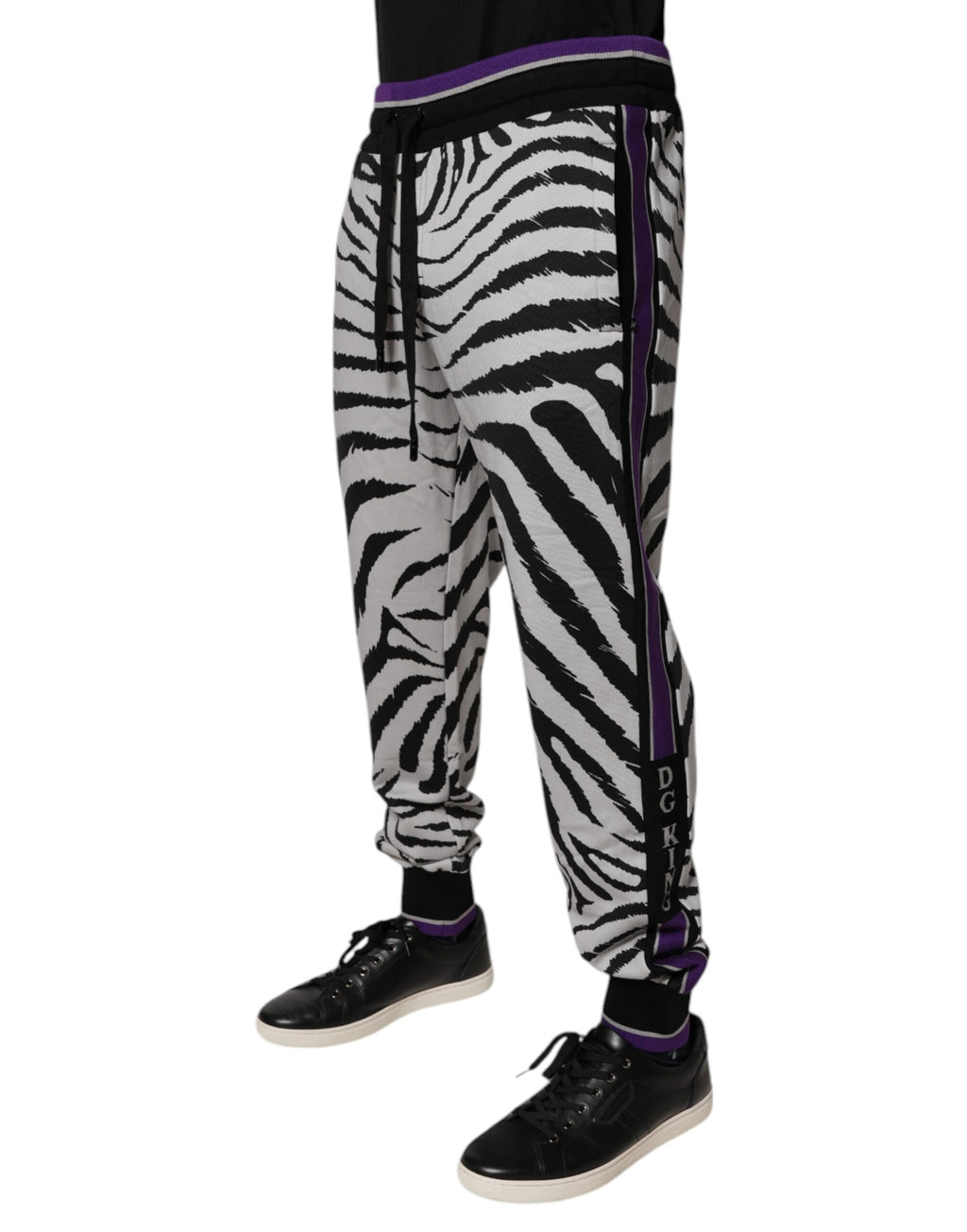 Pantalon jogger pour homme Dolce & Gabbana noir et blanc à motif zèbre, style décontracté et confortable.