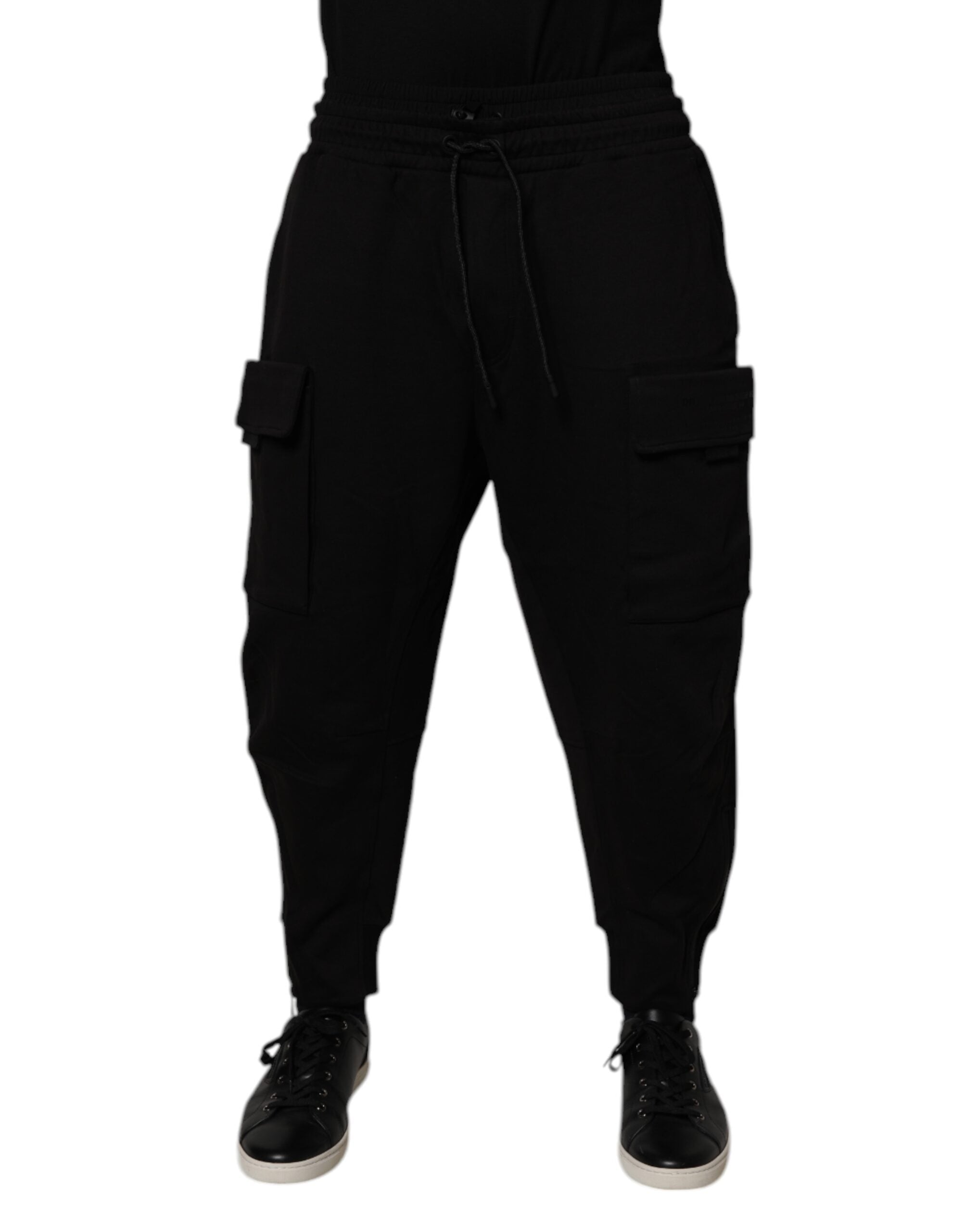 Pantalon cargo pour homme Dolce & Gabbana, sweatpants en coton noir avec poches et coupe décontractée.