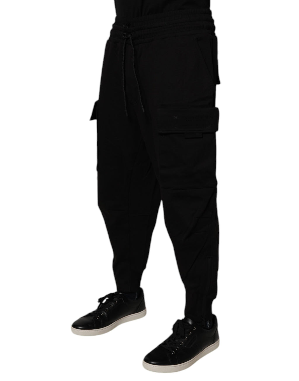 Pantalon cargo jogger pour homme Dolce & Gabbana en coton noir, pantalon de sport décontracté avec poches latérales.