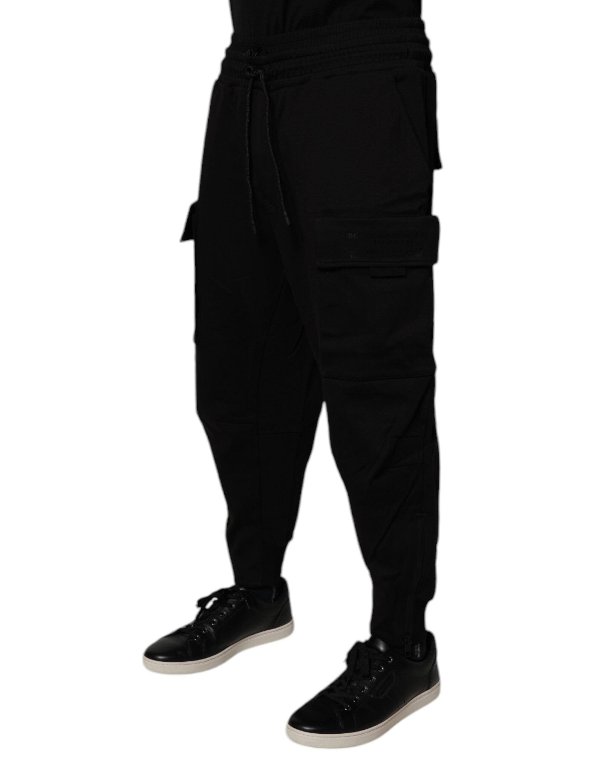 Pantalon cargo jogger pour homme Dolce & Gabbana en coton noir, pantalon de sport décontracté avec poches latérales.