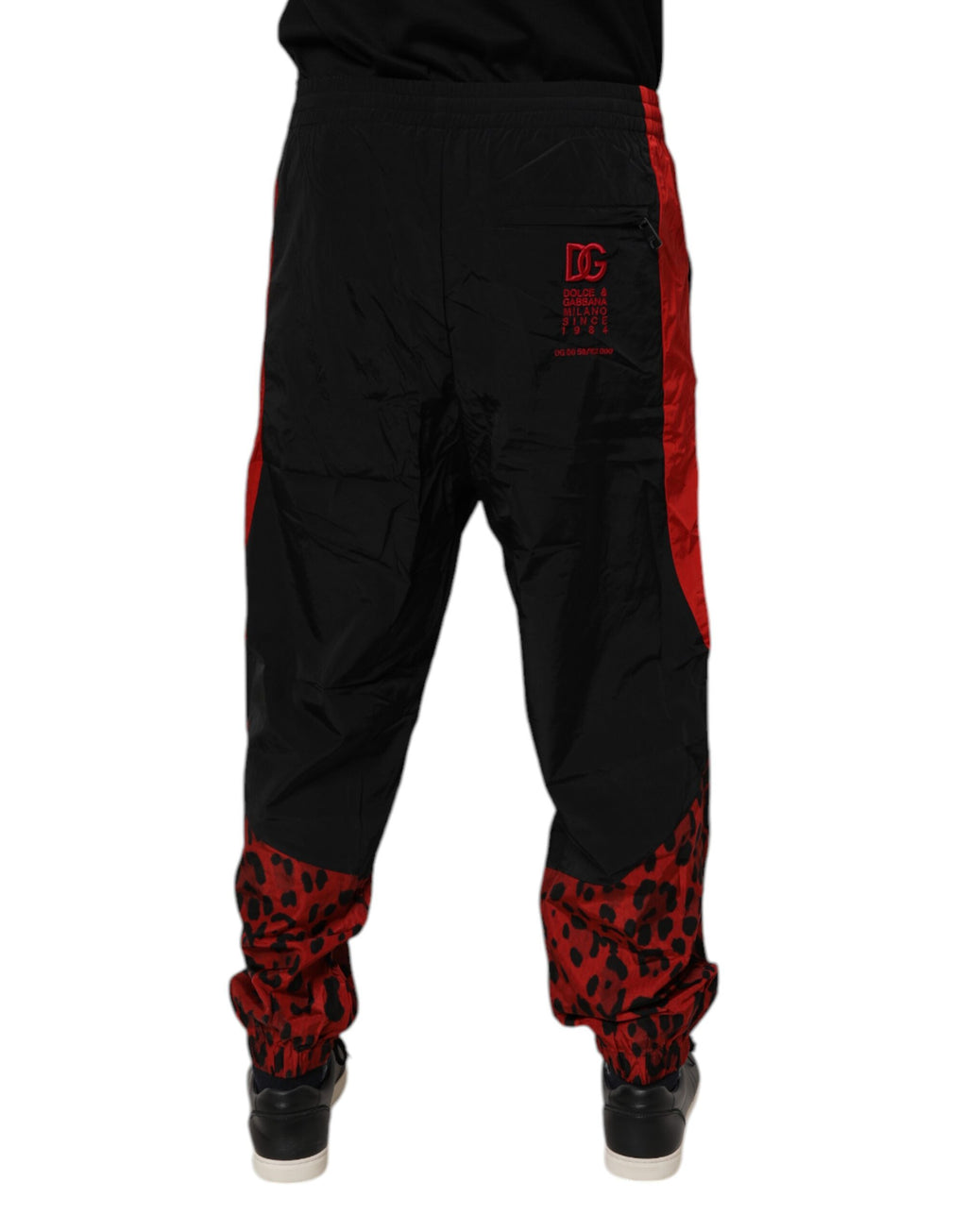 Pantalon jogger Dolce & Gabbana noir et rouge à motif léopard, pantalon de sport pour femmes.