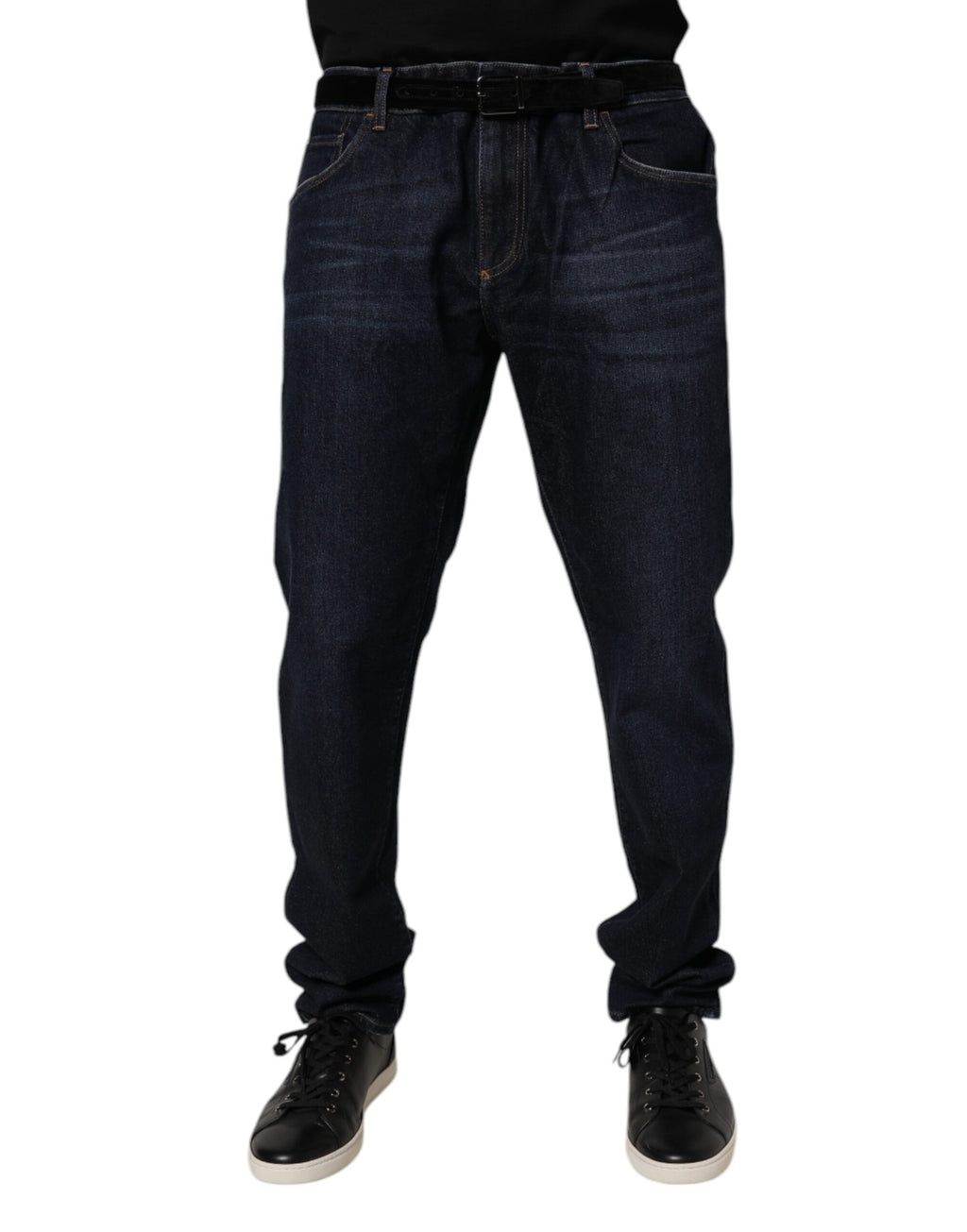 Jeans skinny en denim coton stretch bleu foncé de Dolce & Gabbana, vue de face avec détails de couture.