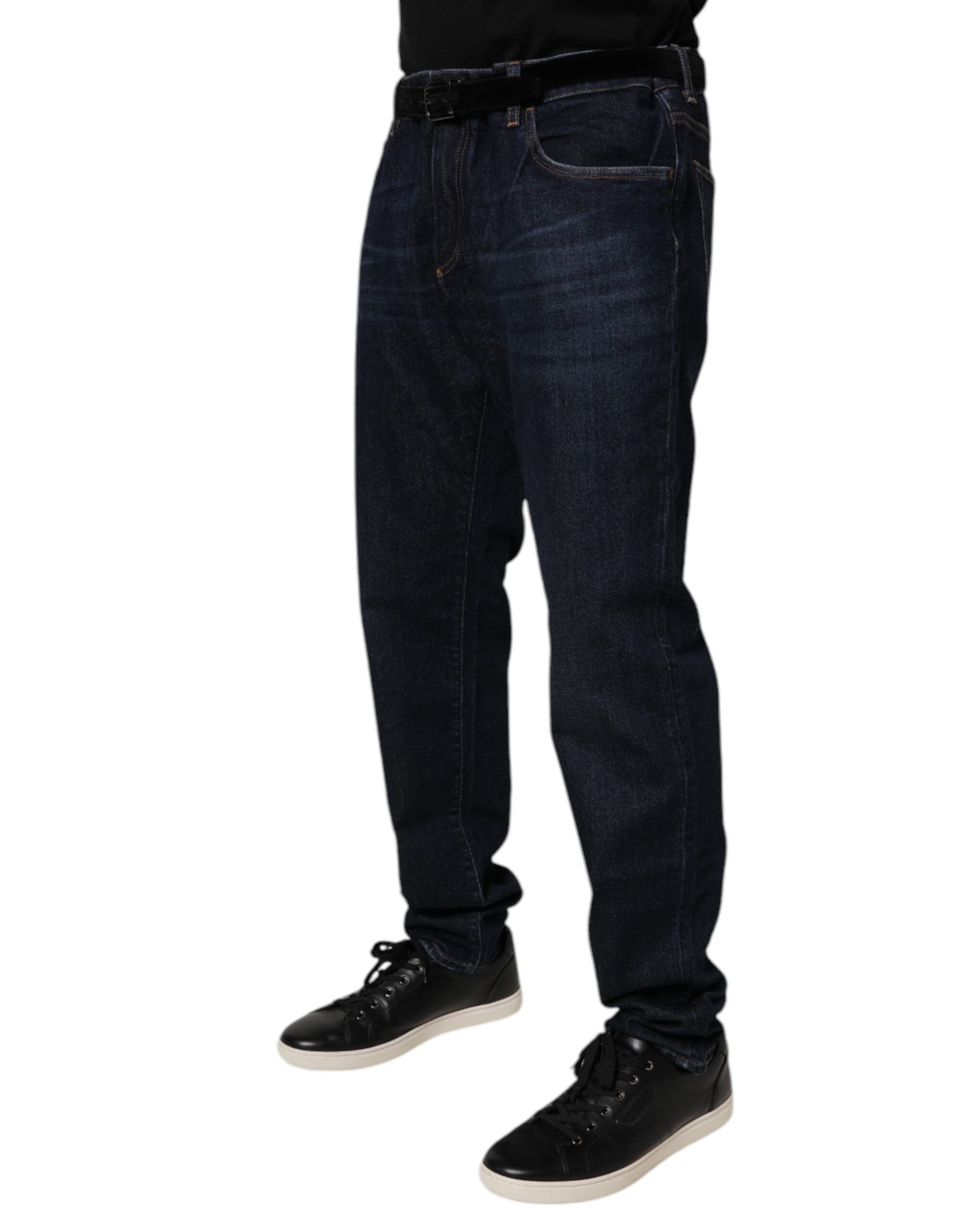 Jeans slim en denim coton stretch bleu foncé de Dolce & Gabbana, coupe skinny, visibles sur le produit.