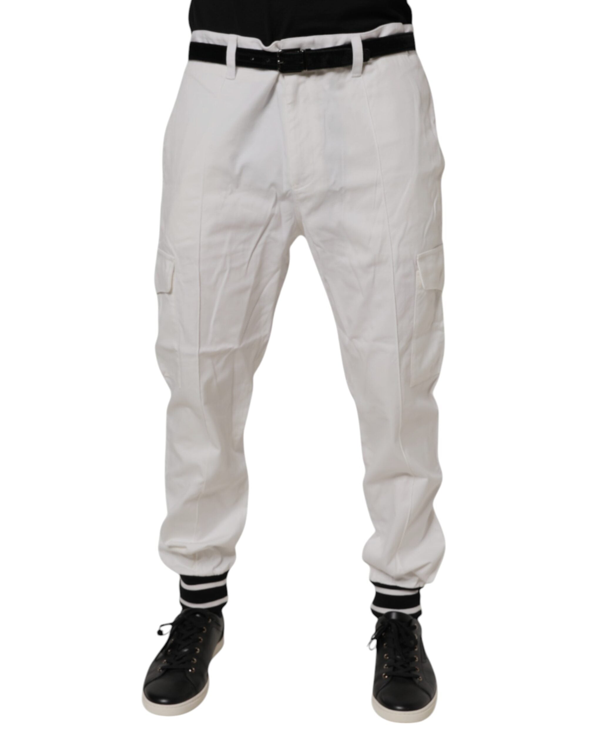 Pantalons slim en coton blanc Dolce & Gabbana, joggers cargo avec poches, mode décontractée et élégante pour homme.