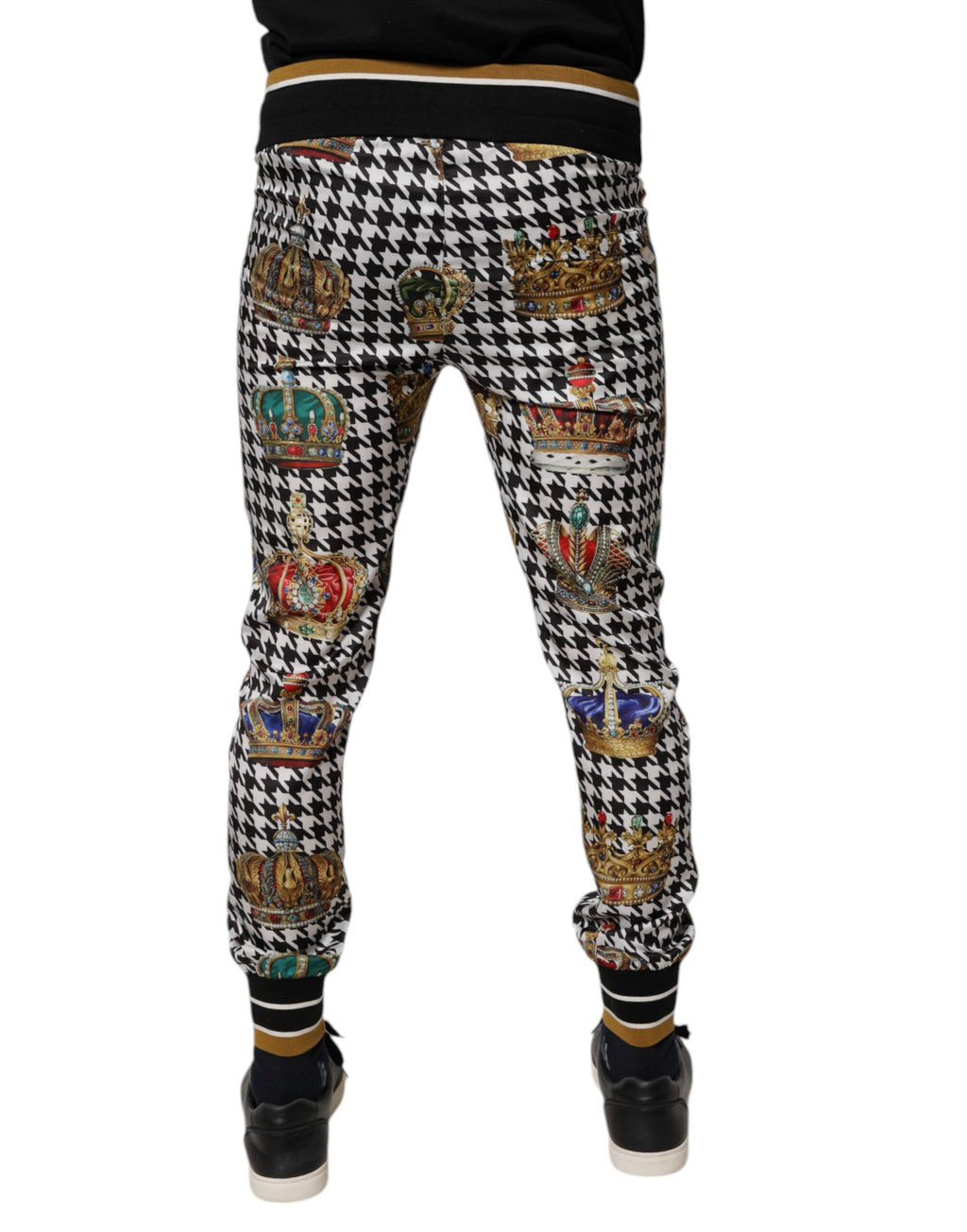 Pantalon homme Dolce & Gabbana à motif pied-de-poule multicolore avec ceinture en forme de couronne.