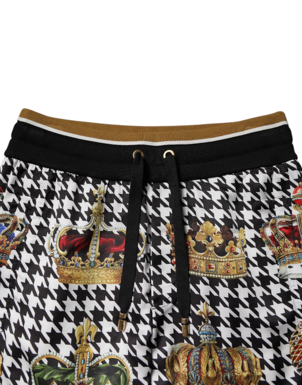 Pantalon homme Dolce & Gabbana à motif pied-de-poule multicolore avec ceinture en forme de couronne, style décontracté.