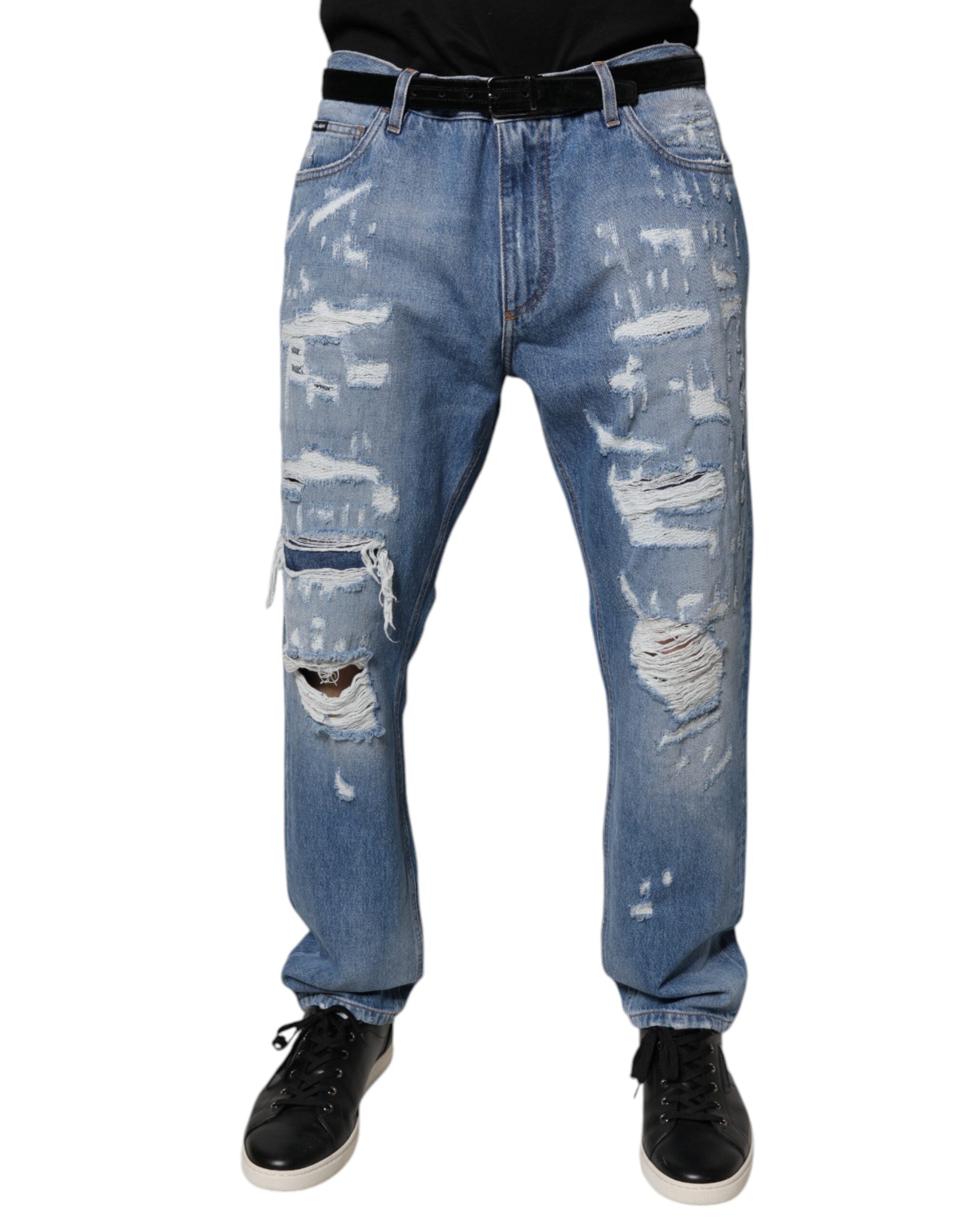 Jeans en denim bleu tressé droit en coton de la marque Dolce & Gabbana, avec déchirures et style décontracté.