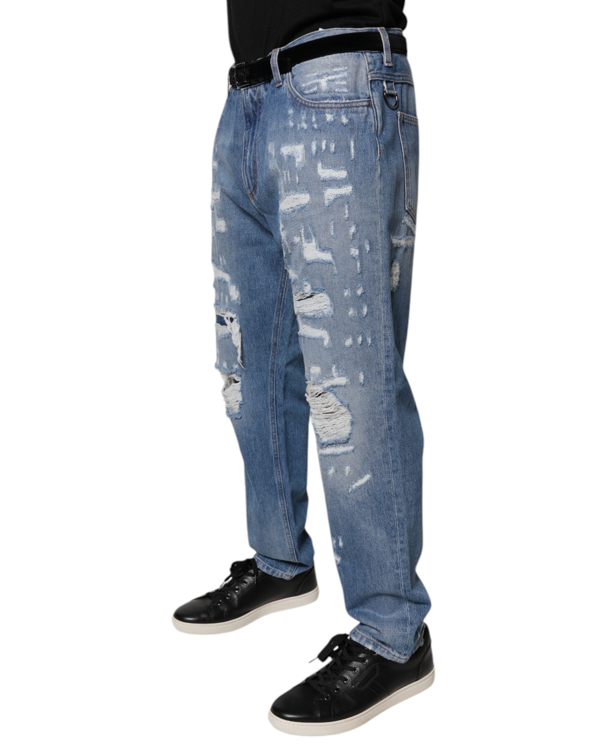 Jeans en denim coton déchiré droit bleu Dolce & Gabbana, détails usés et style décontracté visible sur l'image.