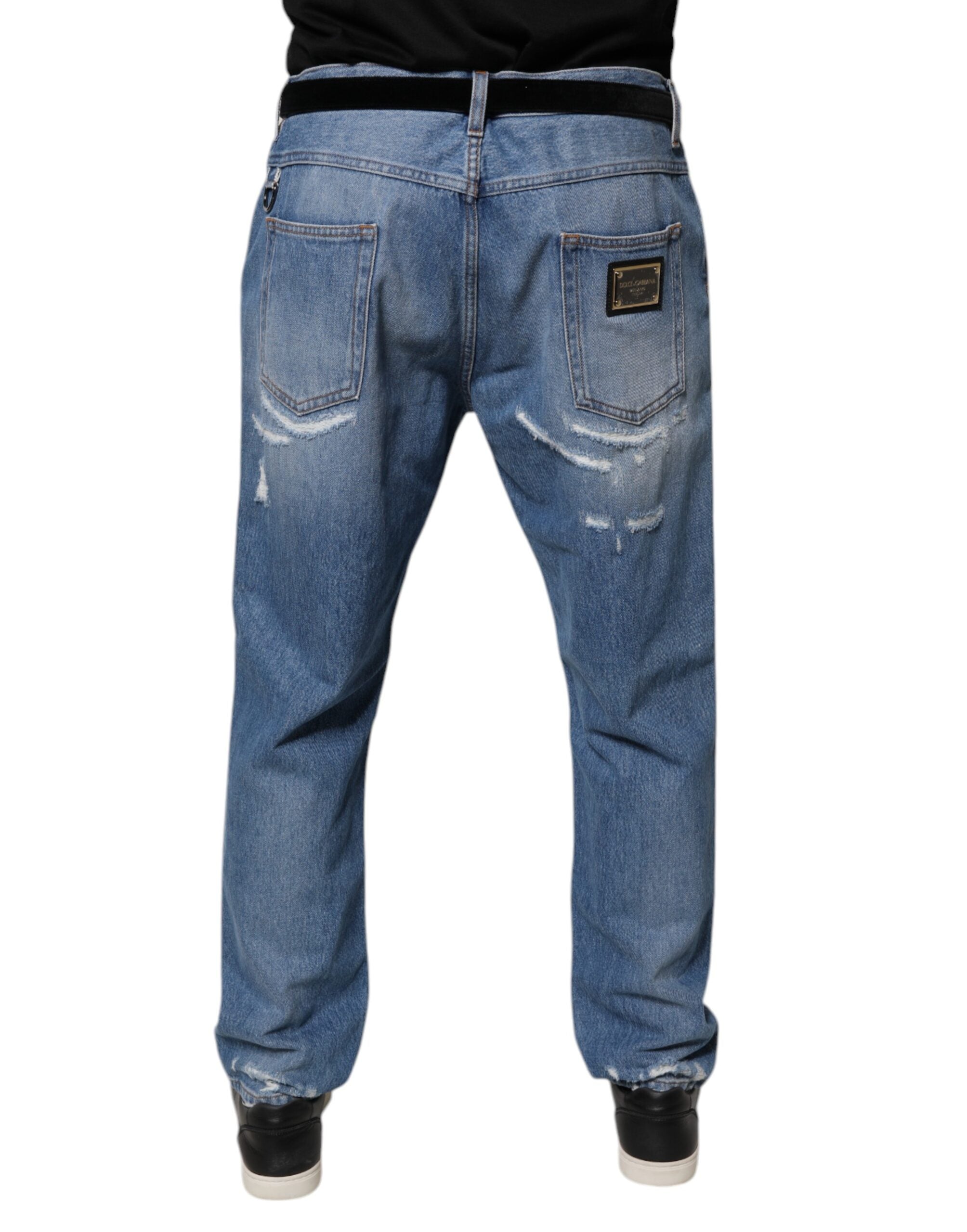 Jean en denim coton blanc et bleu Dolce & Gabbana, coupe droite déchirée, style décontracté et tendance