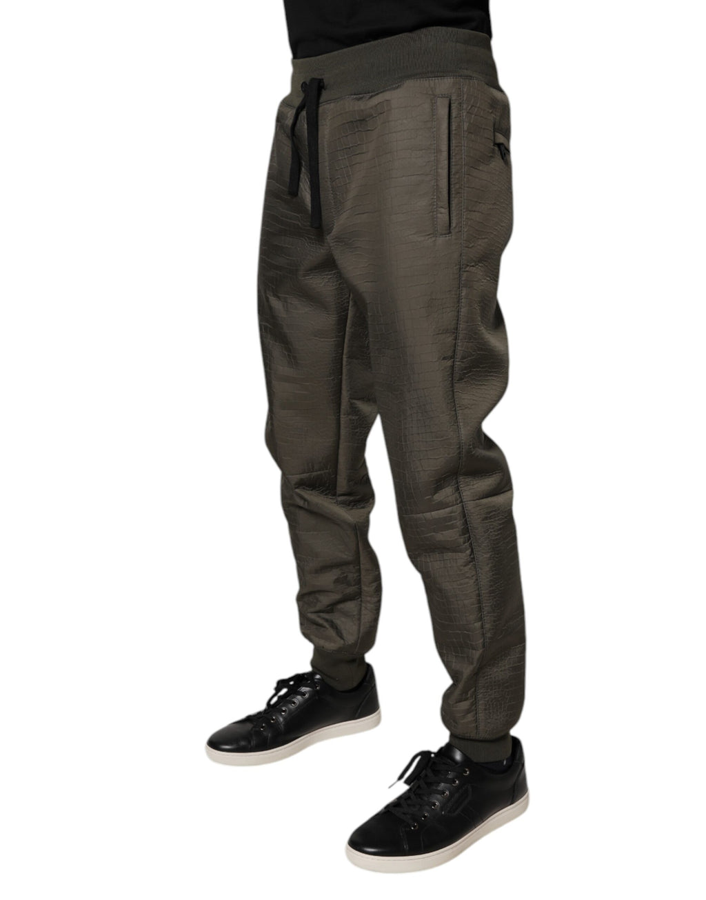 Pantalon de survêtement en cuir d'agneau marron Dolce & Gabbana pour homme, vue de face.