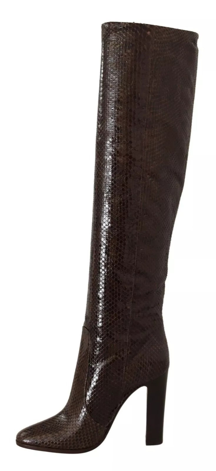 Chaussures à talons Dolce & Gabbana en cuir exotique marron, bottines hautes élégantes avec design sophistiqué.