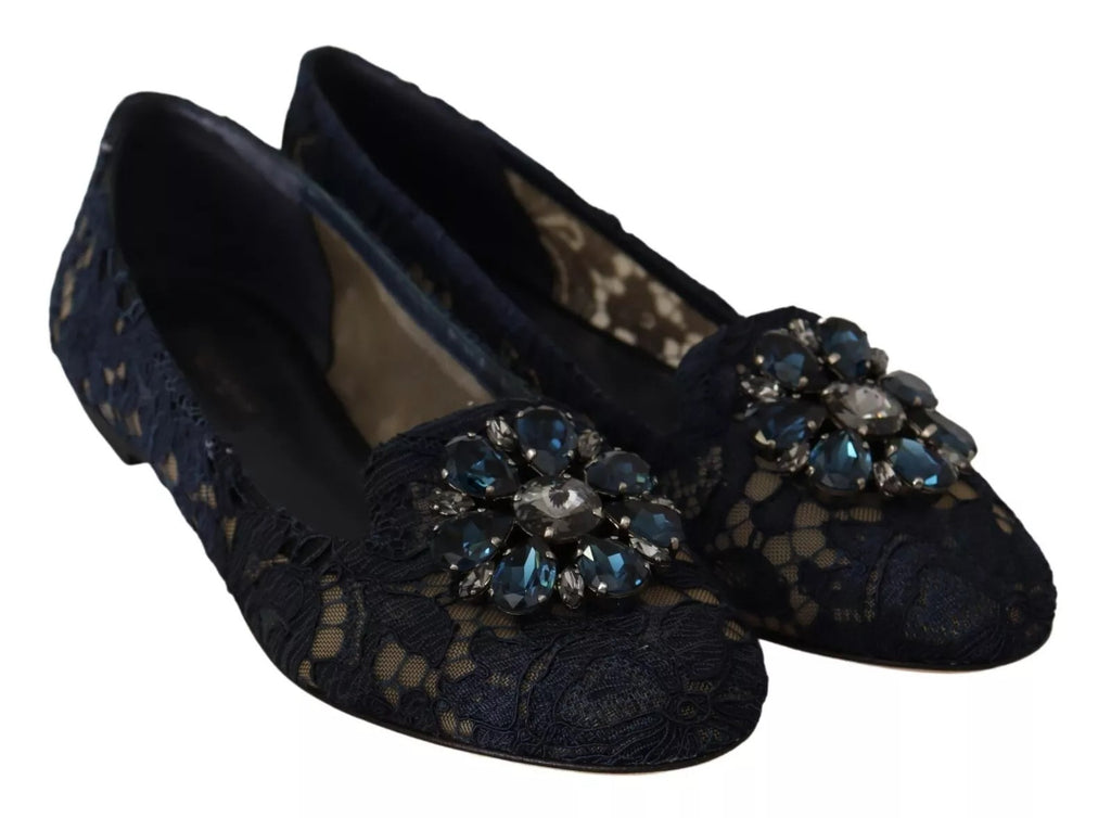 Chaussures ballerines Dolce & Gabbana en cuir bleu avec cristaux, mocassins à lacets élégants pour femmes.