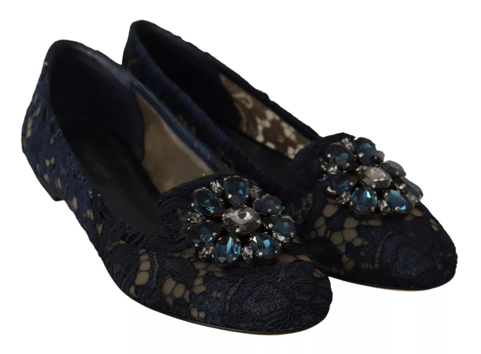Chaussures ballerines Dolce & Gabbana en cuir bleu avec cristaux, mocassins à lacets élégants pour femmes.