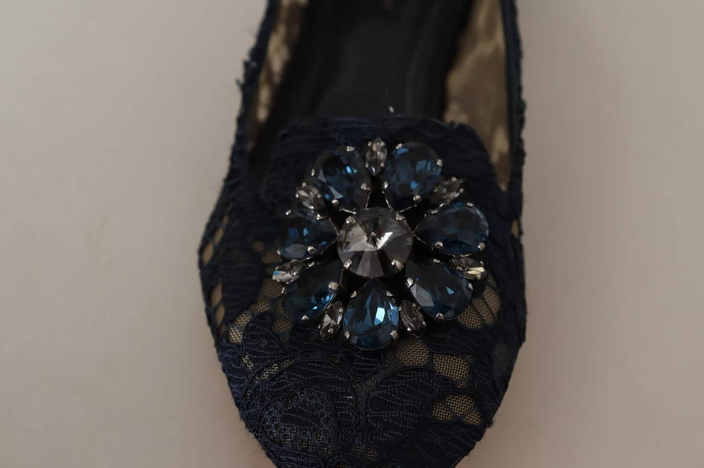 Chaussures ballerines Dolce & Gabbana Blue Crystal Loafer Lace avec cristaux bleus et lacets, chaussures élégantes pour femmes