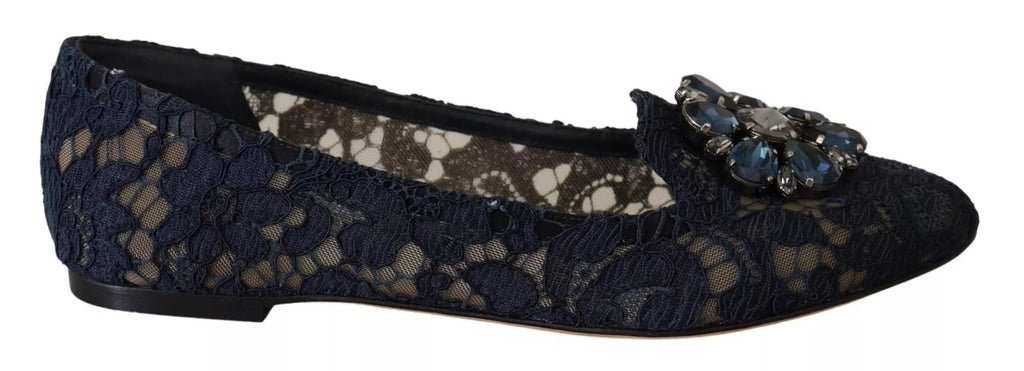 Chaussures ballerines Dolce & Gabbana en cuir bleu avec cristaux, mocassins à lacets élégants pour femmes.