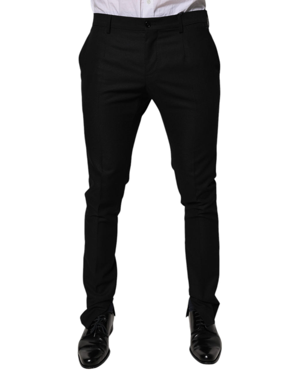 Pantalon formel homme Dolce & Gabbana en laine vierge noire, coupe skinny, style élégant et tendance.
