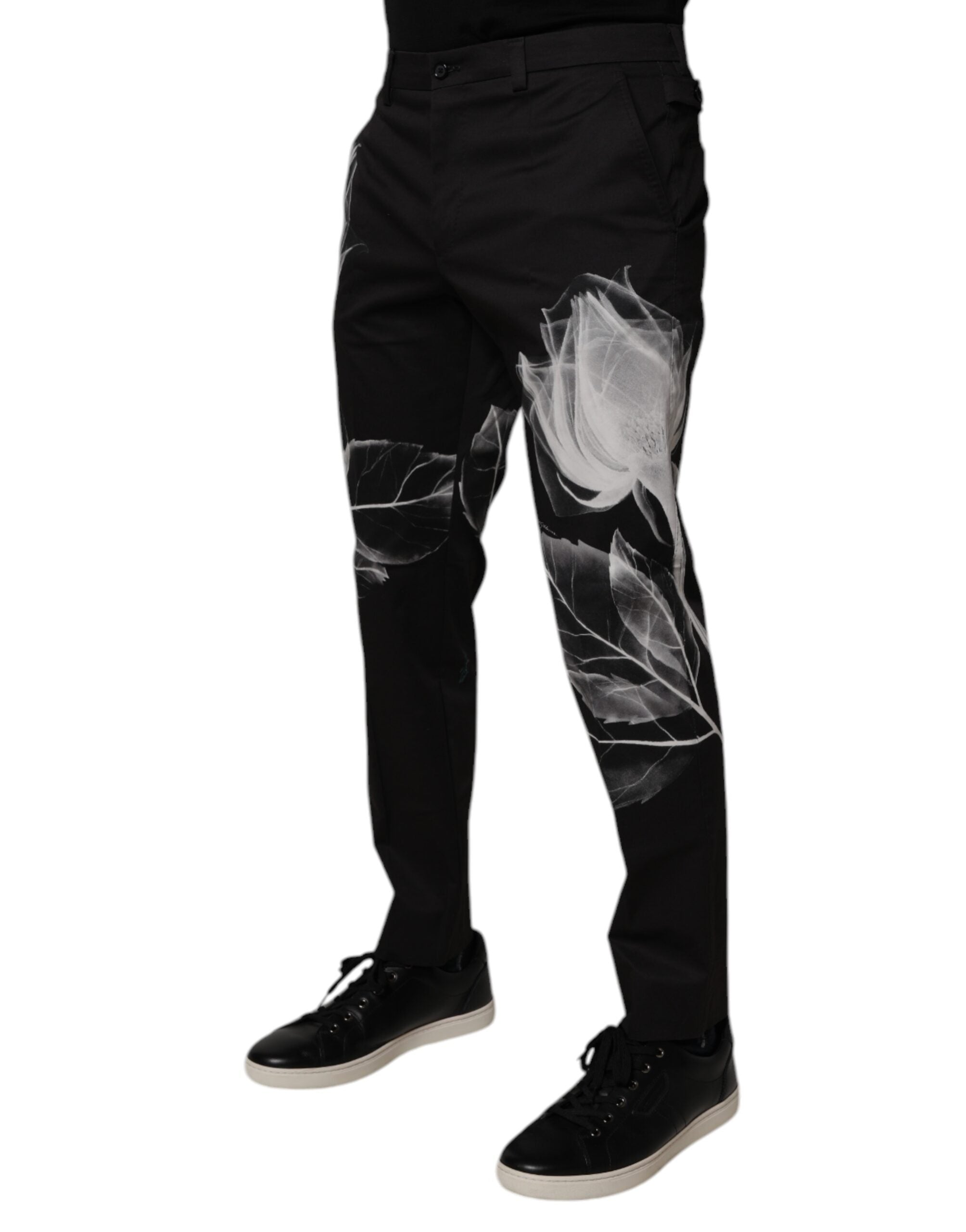 Pantalon skinny en coton noir à motifs floraux de Dolce & Gabbana, vêtement élégant pour femmes.