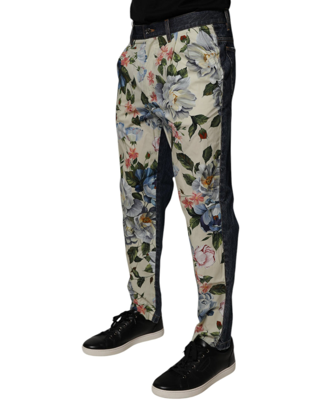 Jean homme en coton beige et bleu à fleurs Dolce & Gabbana, denim avec motif floral, coupe classique.