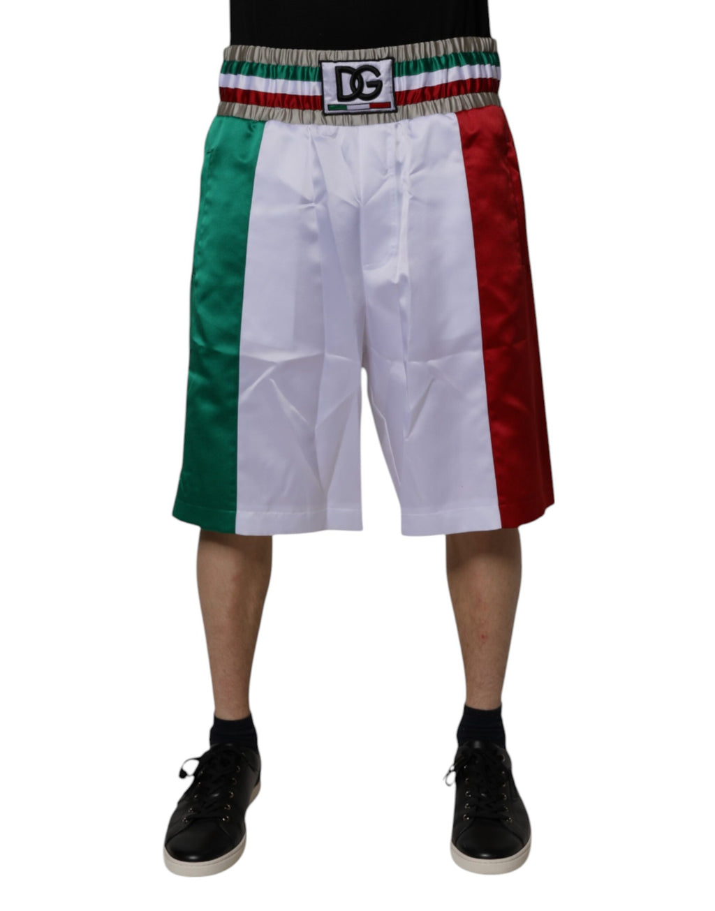 Shorts Bermuda multicolores en polyester de Dolce & Gabbana avec motif Italie, vue de face.